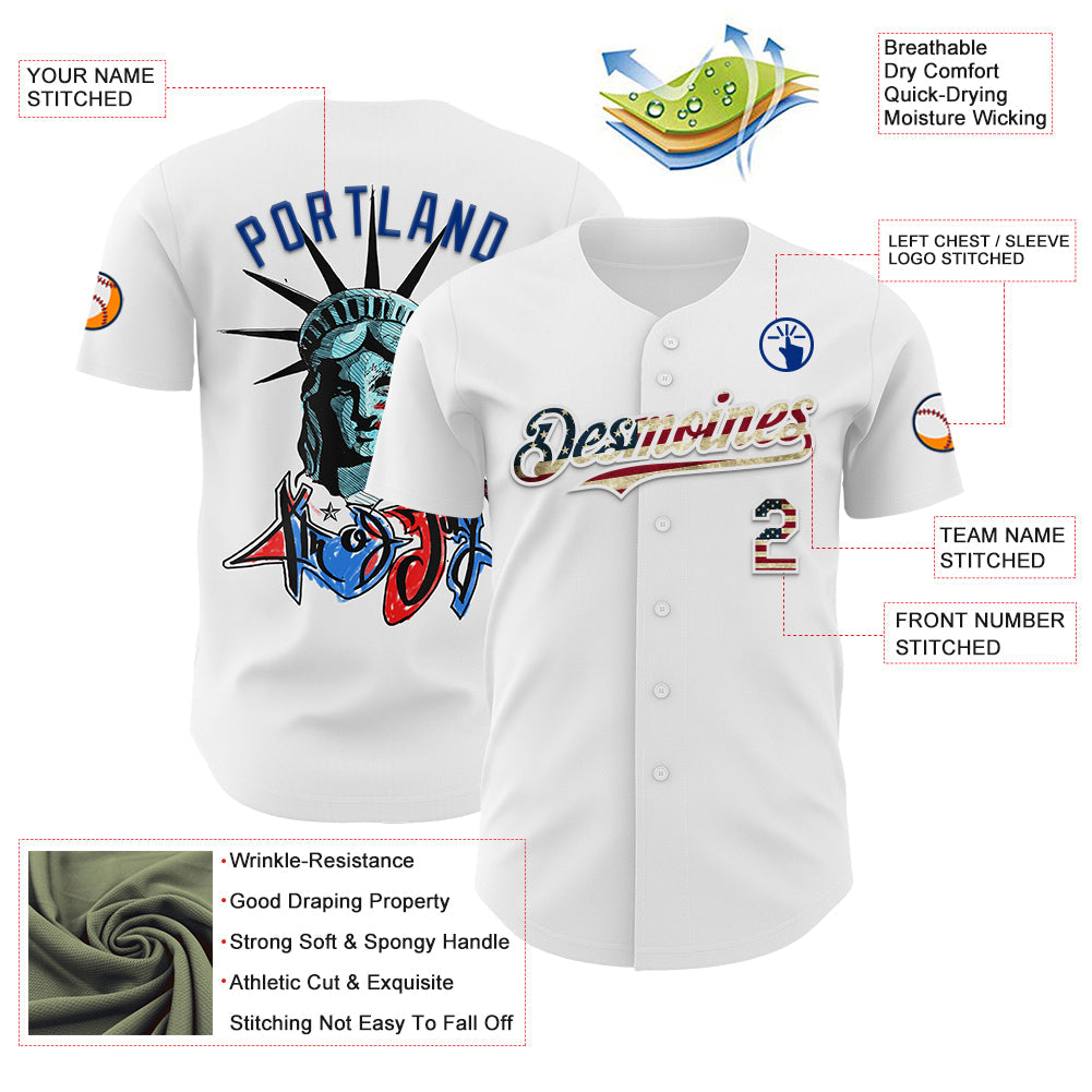 Custom White Vintage USA Flag-Royal 3D Patriotic Statue of Liberty Authentic Baseball Jersey view 3