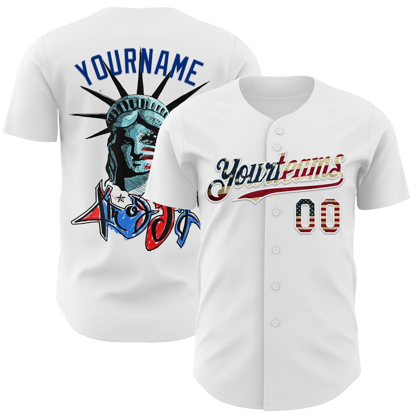 Custom White Vintage USA Flag-Royal 3D Patriotic Statue of Liberty Authentic Baseball Jersey - Main View