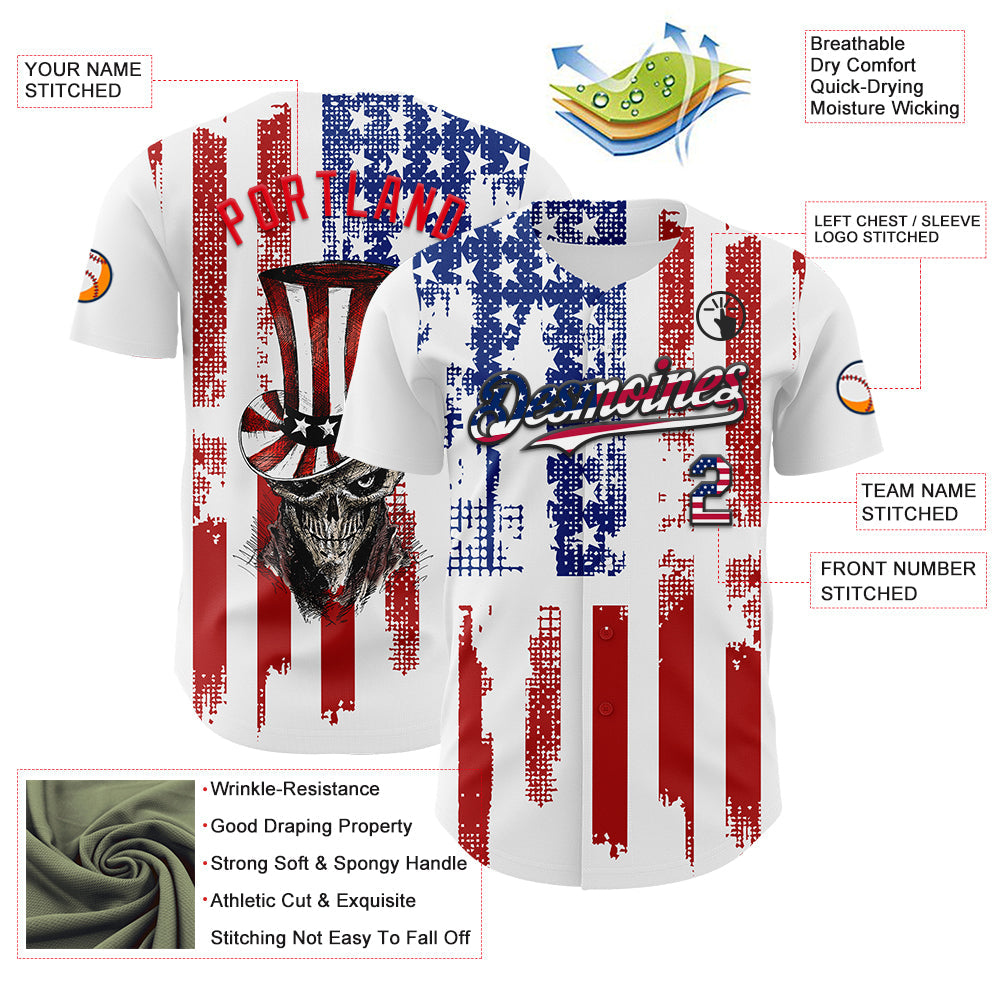 Custom White USA Flag Fire Red-Black 3D Patriotic Skull Authentic Baseball Jersey view 3