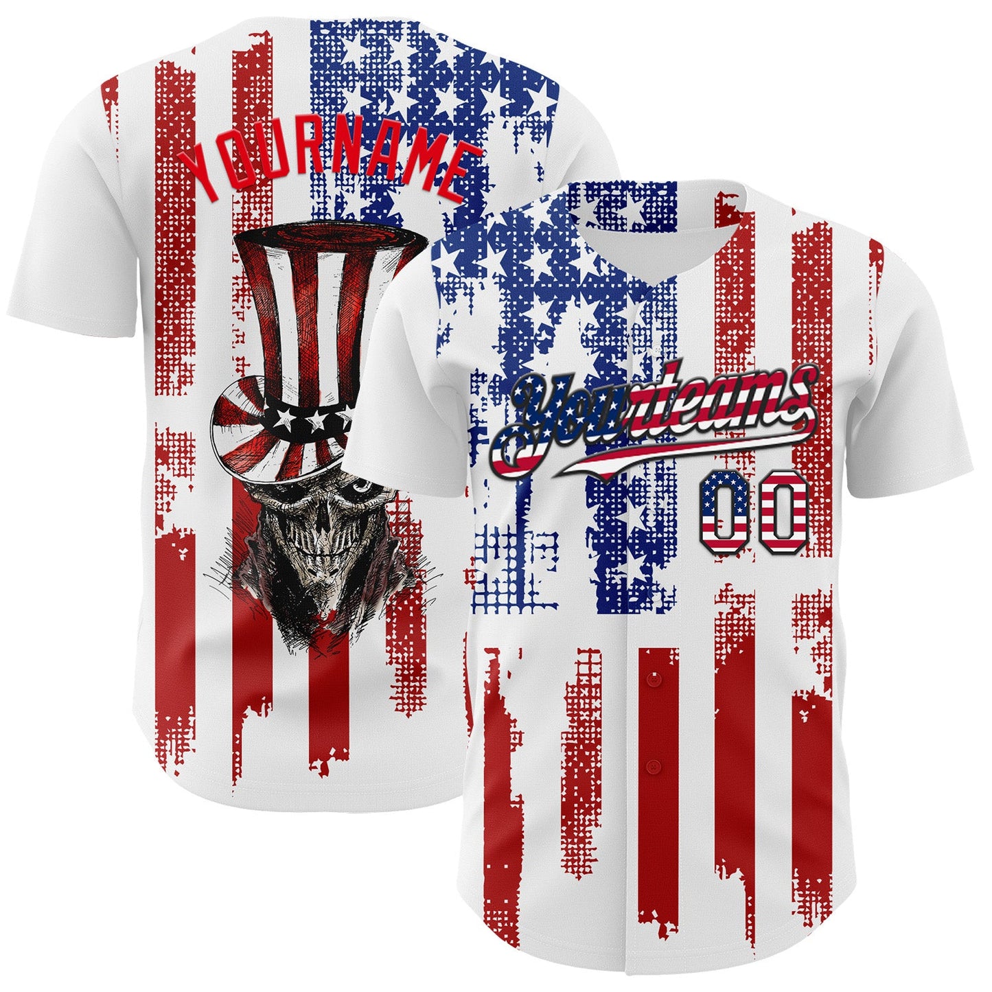 Custom White USA Flag Fire Red-Black 3D Patriotic Skull Authentic Baseball Jersey - Main View