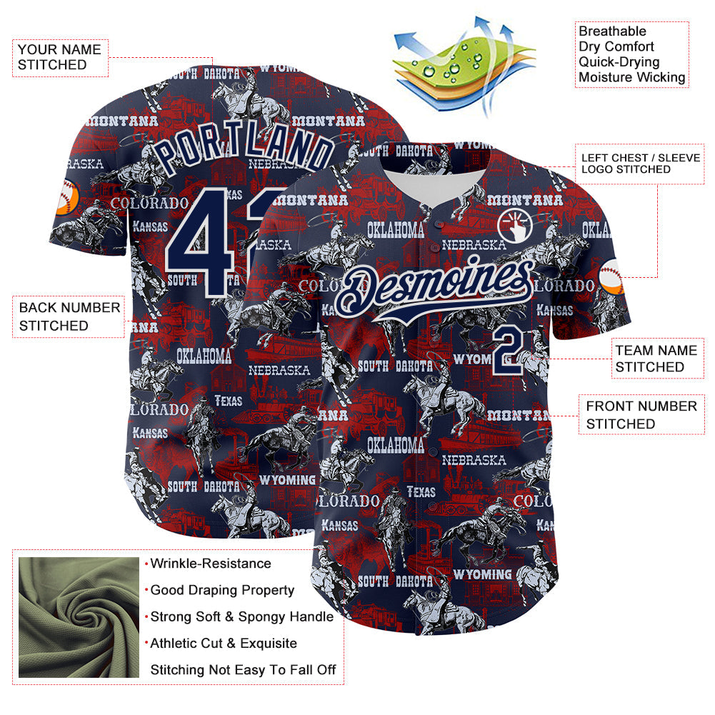 Custom Navy White 3D Pattern Design Patriotic American Spirit Rodeo Cowboy Authentic Baseball Jersey view 3