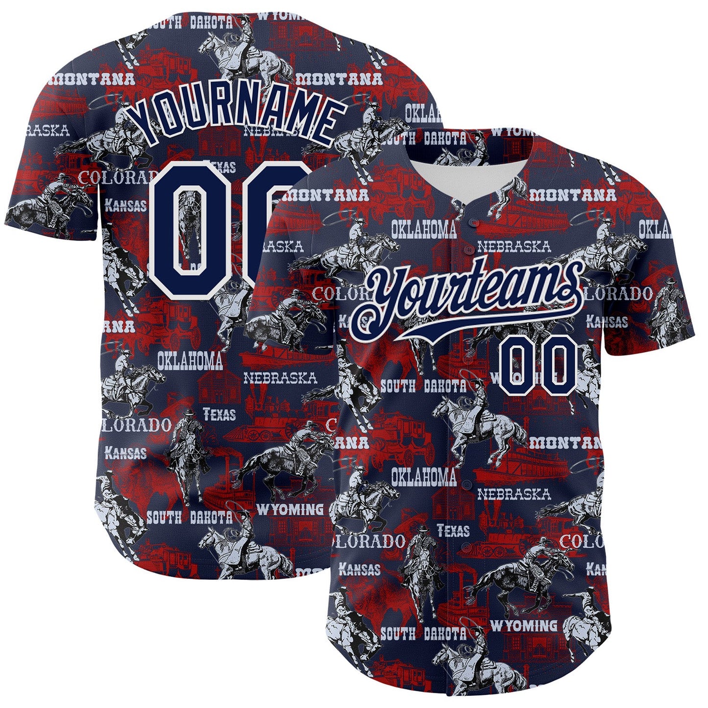Custom Navy White 3D Pattern Design Patriotic American Spirit Rodeo Cowboy Authentic Baseball Jersey - Main View