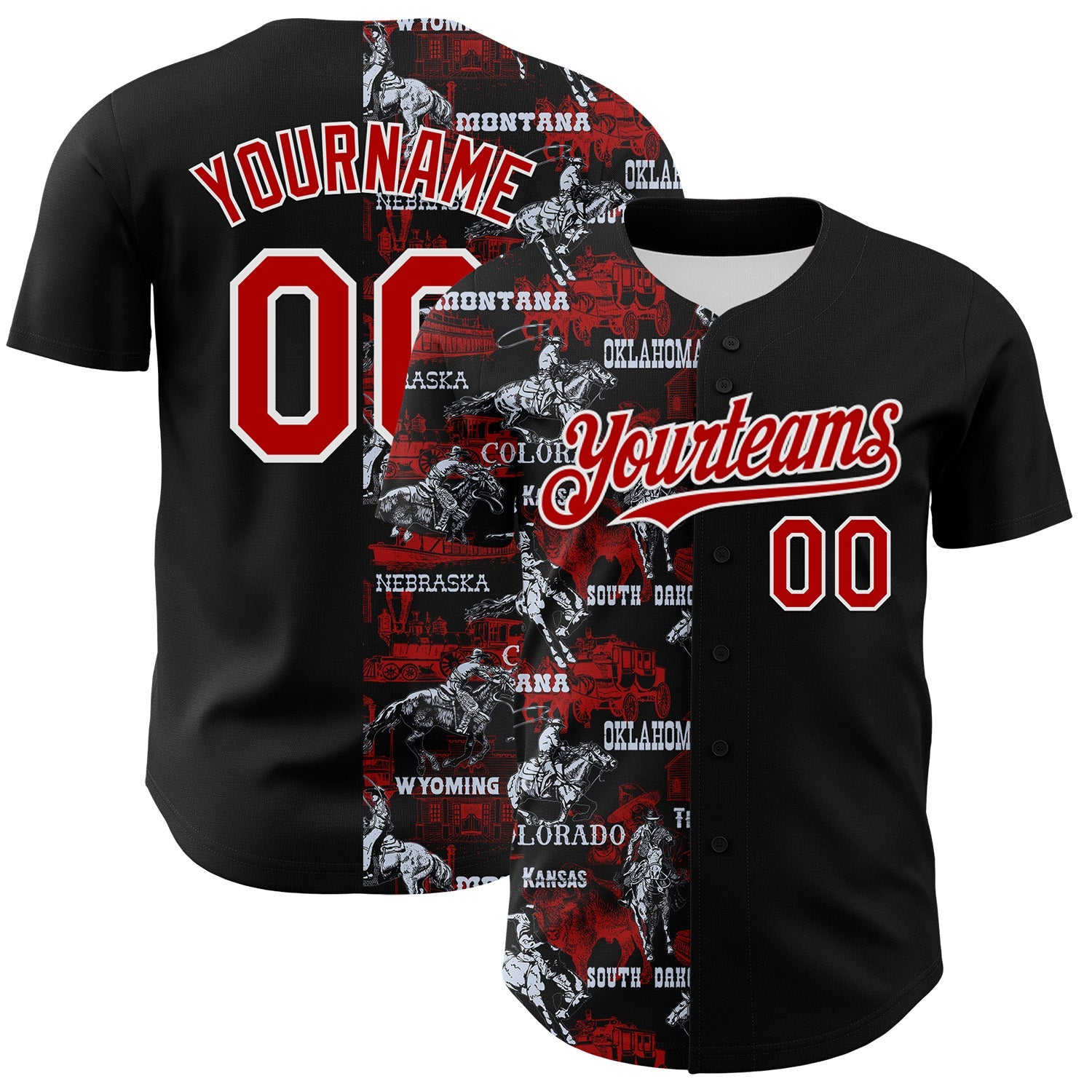Custom Black Red-White 3D Pattern Design Patriotic American Spirit Rodeo Cowboy Authentic Baseball Jersey - Main View
