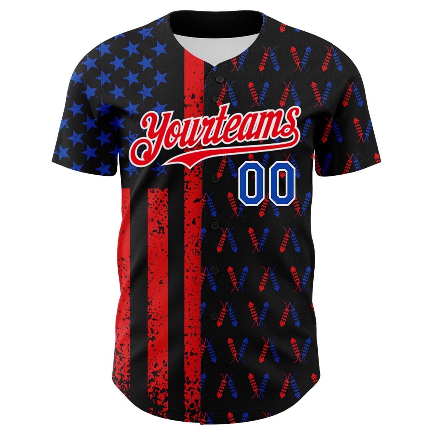 Custom Black Thunder Blue Fire Red-White 3D Patriotic American Flag Authentic Baseball Jersey view 2