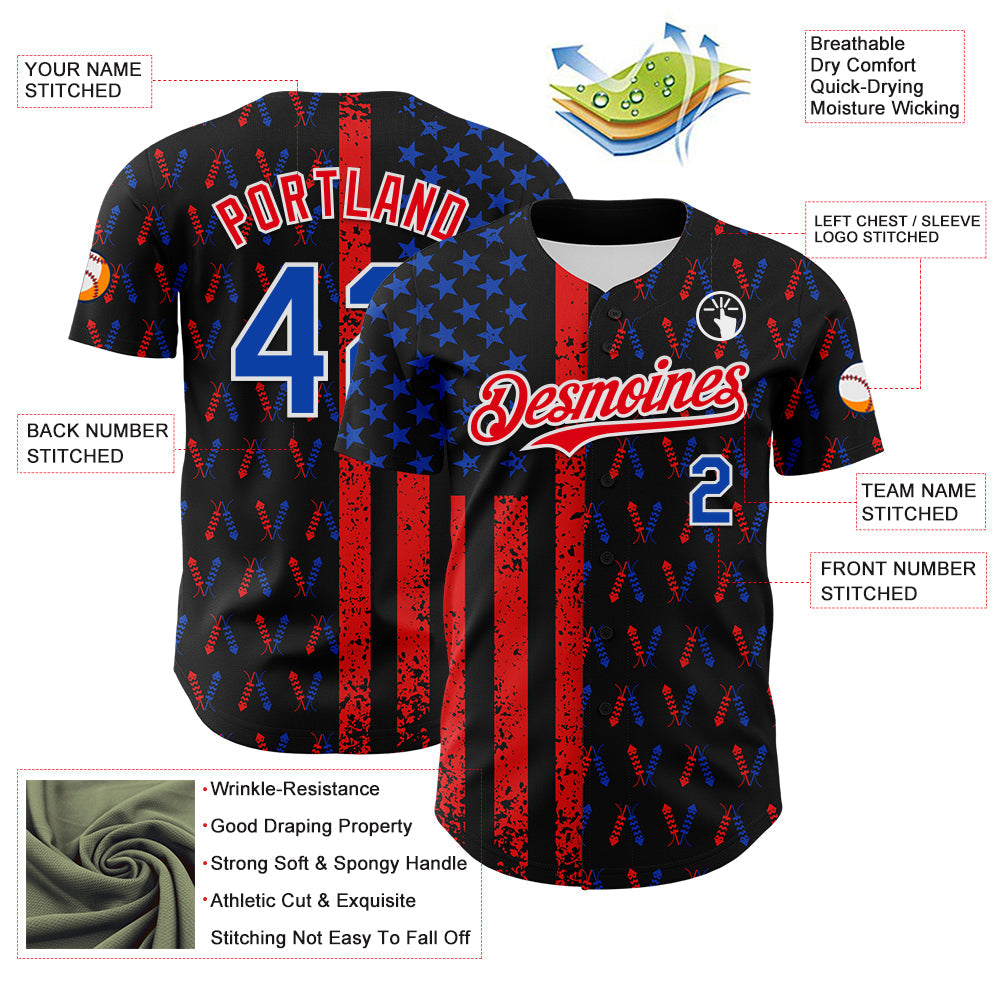 Custom Black Thunder Blue Fire Red-White 3D Patriotic American Flag Authentic Baseball Jersey view 3