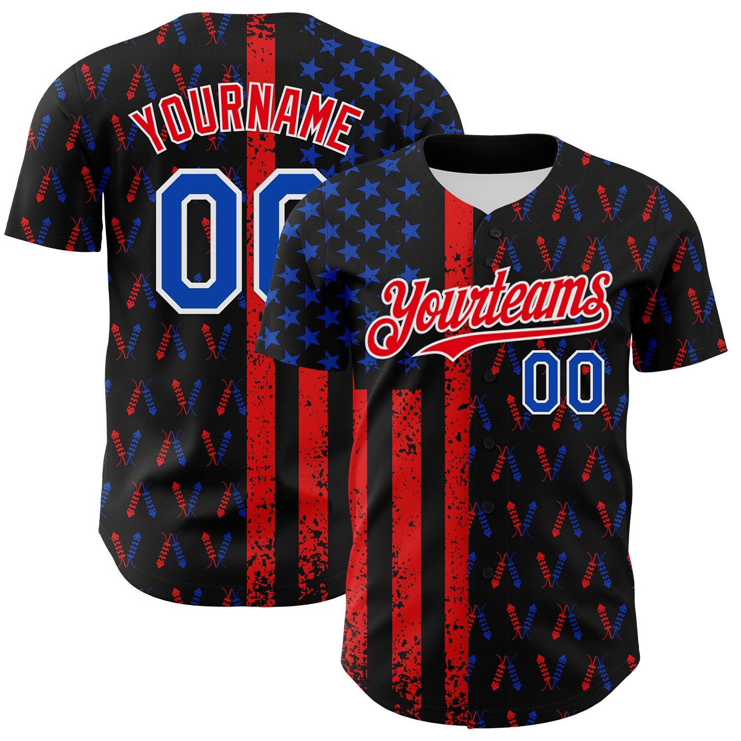 Custom Black Thunder Blue Fire Red-White 3D Patriotic American Flag Authentic Baseball Jersey - Main View