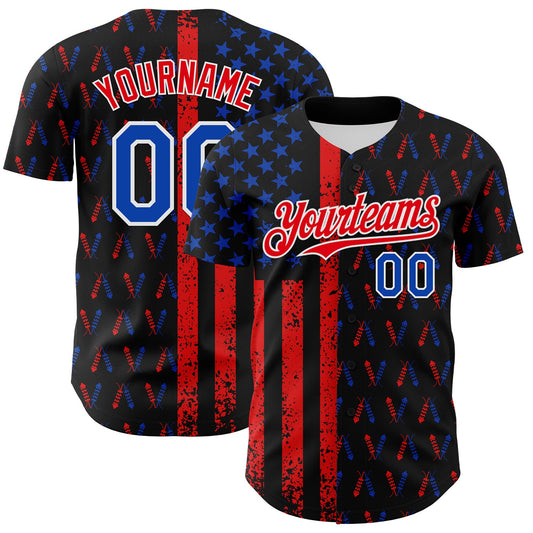 Custom Black Thunder Blue Fire Red-White 3D Patriotic American Flag Authentic Baseball Jersey - Main View