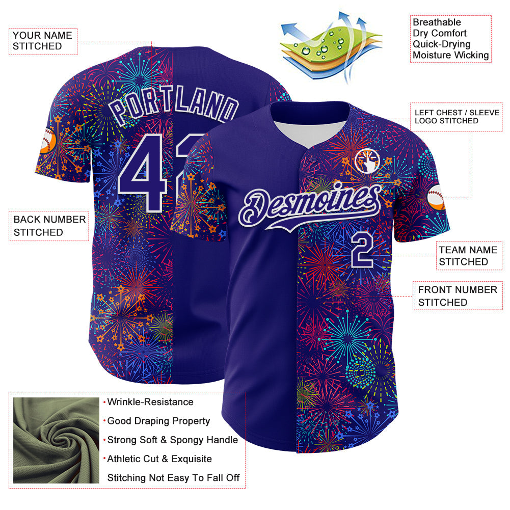 Custom Dark Purple White 3D Pattern Design Patriotic American Spirit Firework Authentic Baseball Jersey view 3