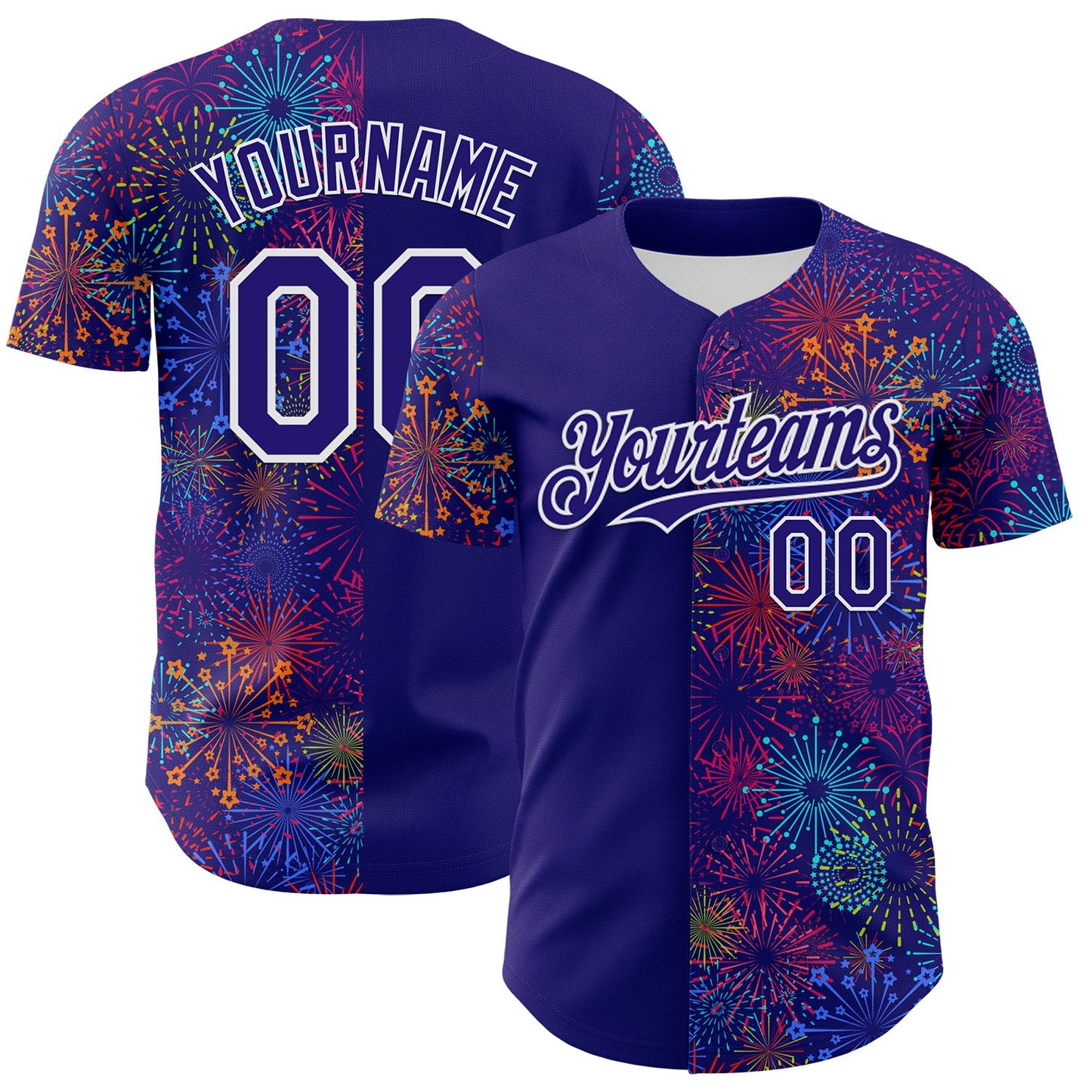 Custom Dark Purple White 3D Pattern Design Patriotic American Spirit Firework Authentic Baseball Jersey - Main View