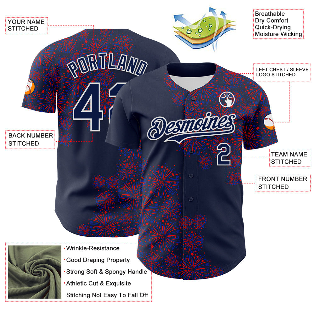 Custom Navy White 3D Pattern Design Patriotic American Spirit Firework Authentic Baseball Jersey view 3