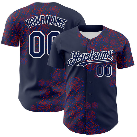Custom Navy White 3D Pattern Design Patriotic American Spirit Firework Authentic Baseball Jersey - Main View