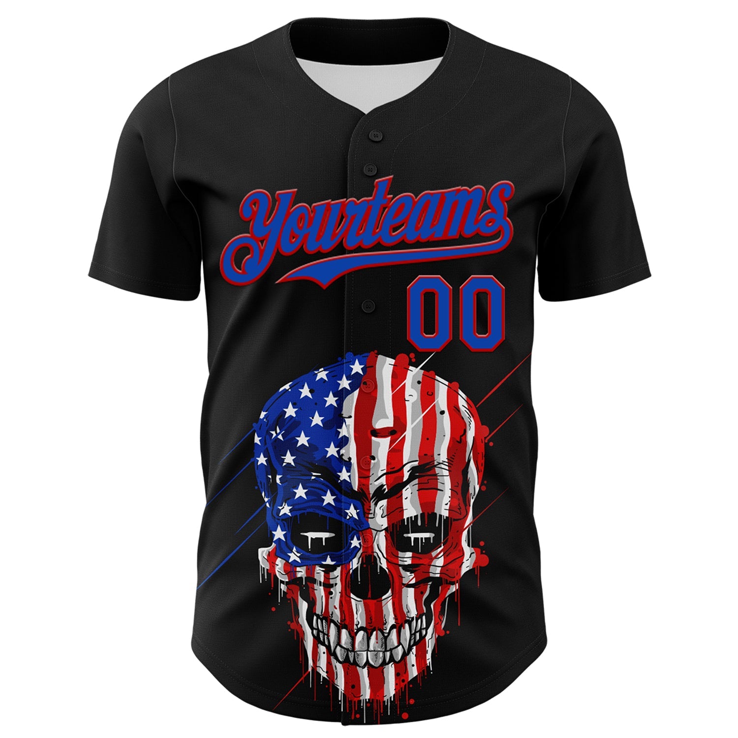 Custom Black Thunder Blue-Red 3D Patriotic Skull American Flag Authentic Baseball Jersey view 2