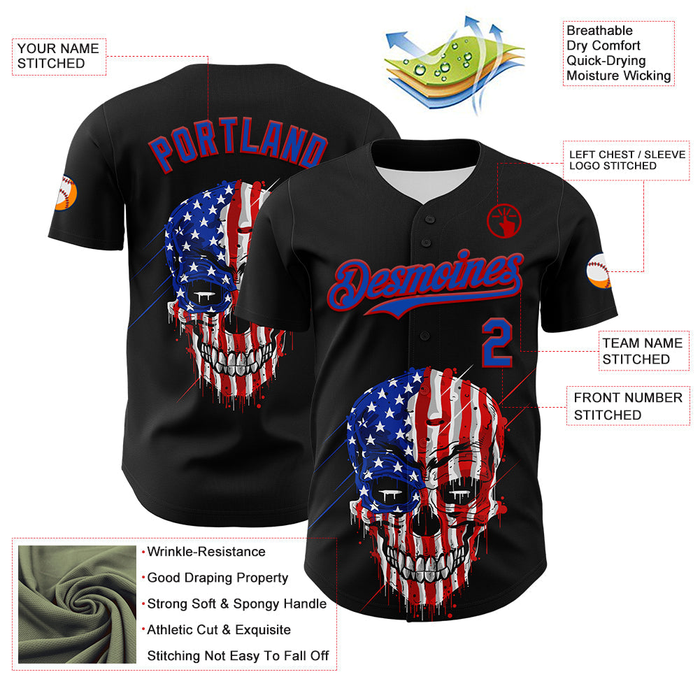 Custom Black Thunder Blue-Red 3D Patriotic Skull American Flag Authentic Baseball Jersey view 3