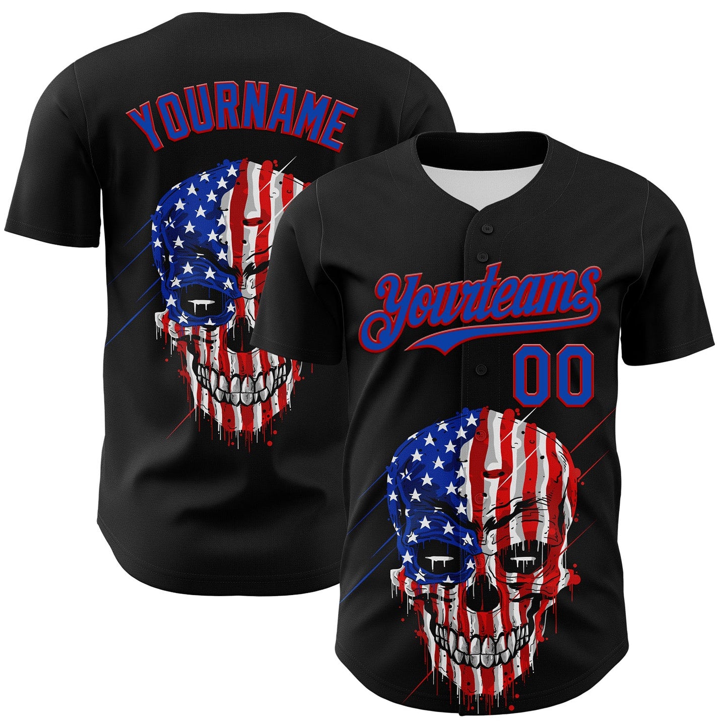 Custom Black Thunder Blue-Red 3D Patriotic Skull American Flag Authentic Baseball Jersey - Main View