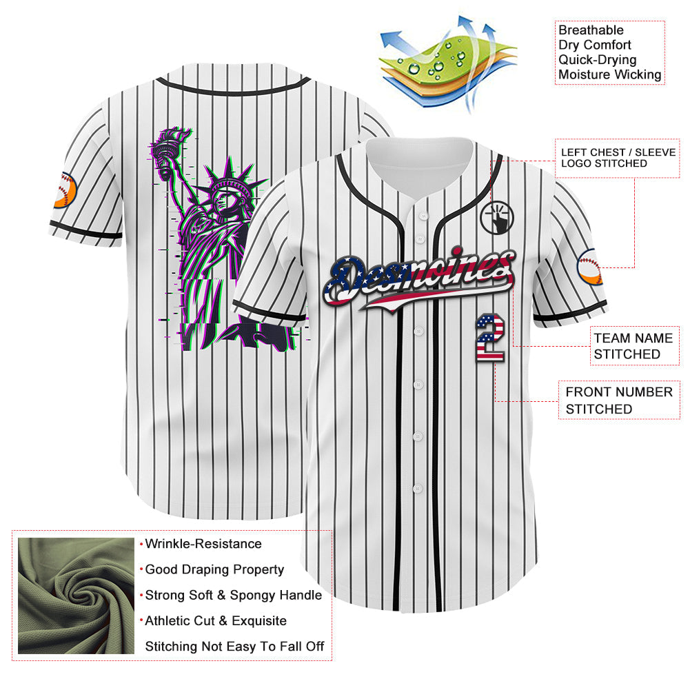 Custom White Gray Pinstripe USA Flag-Black 3D Patriotic American Symbol Statue of Liberty Authentic Baseball Jersey view 3