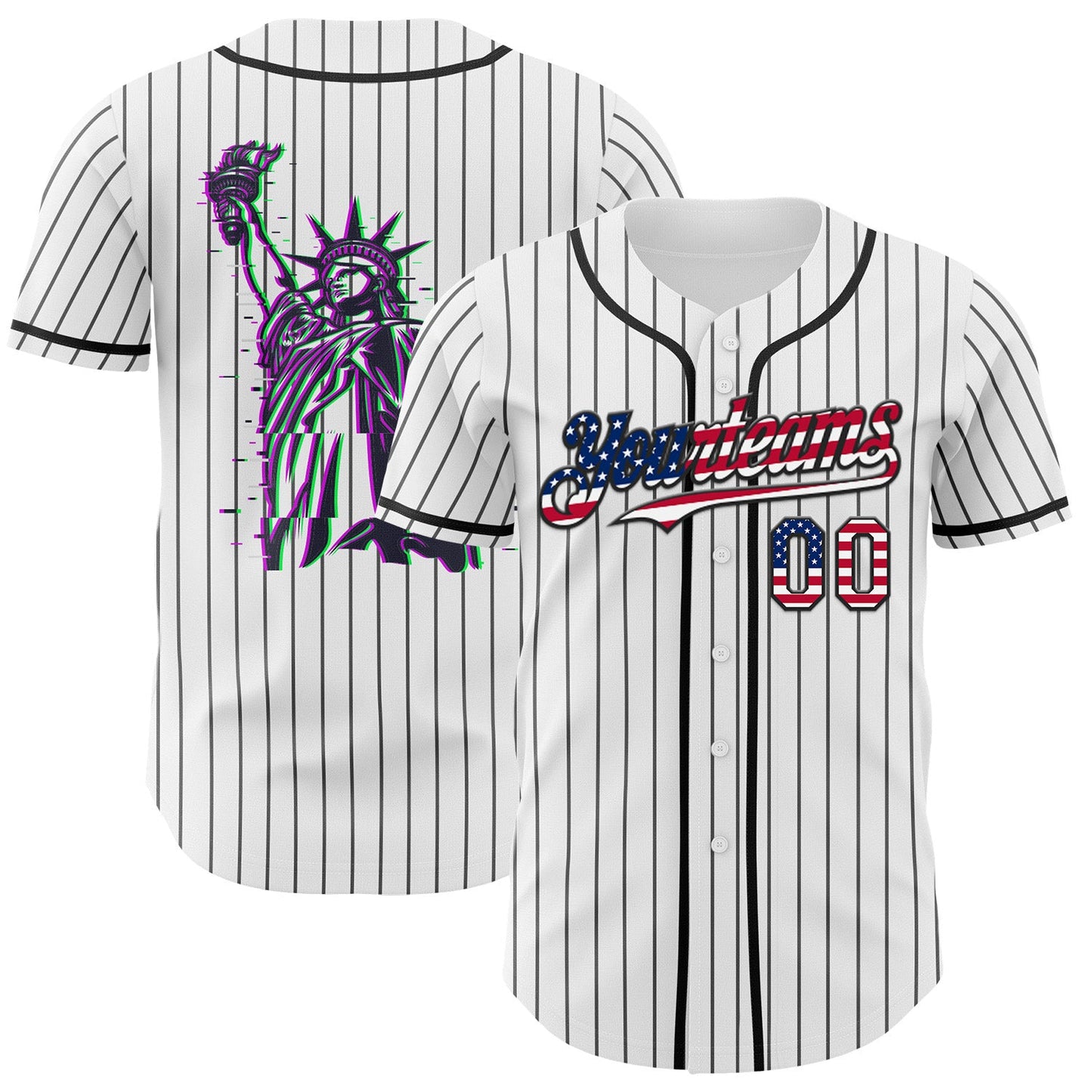 Custom White Gray Pinstripe USA Flag-Black 3D Patriotic American Symbol Statue of Liberty Authentic Baseball Jersey - Main View