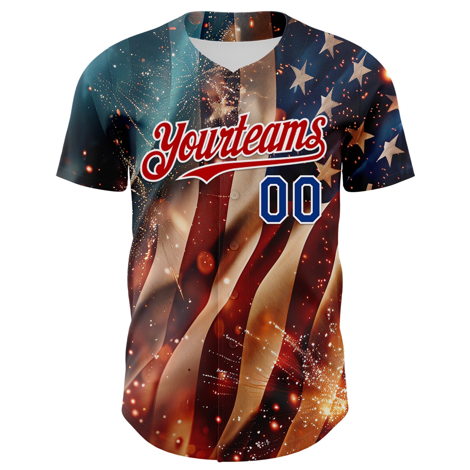 Custom Blue Royal Red-White 3D Patriotic American Flag Authentic Baseball Jersey view 2