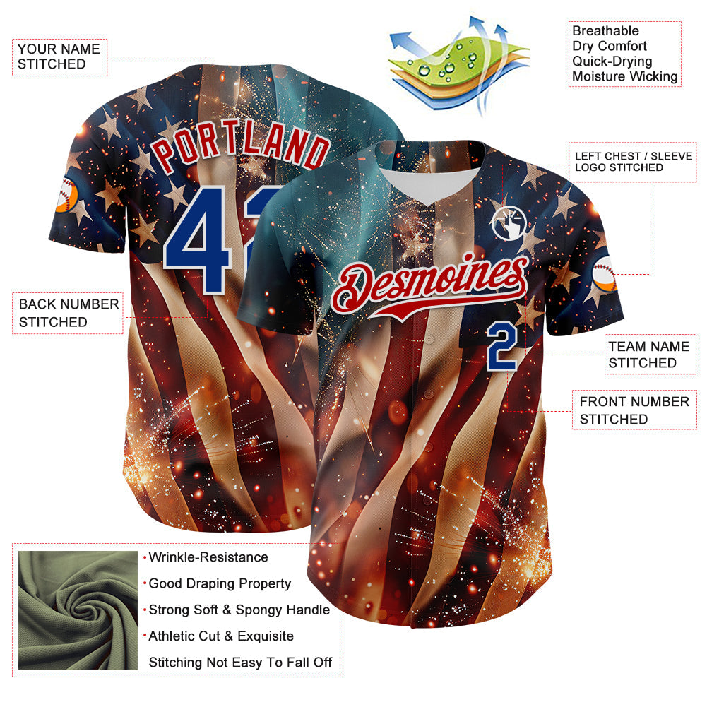 Custom Blue Royal Red-White 3D Patriotic American Flag Authentic Baseball Jersey view 3