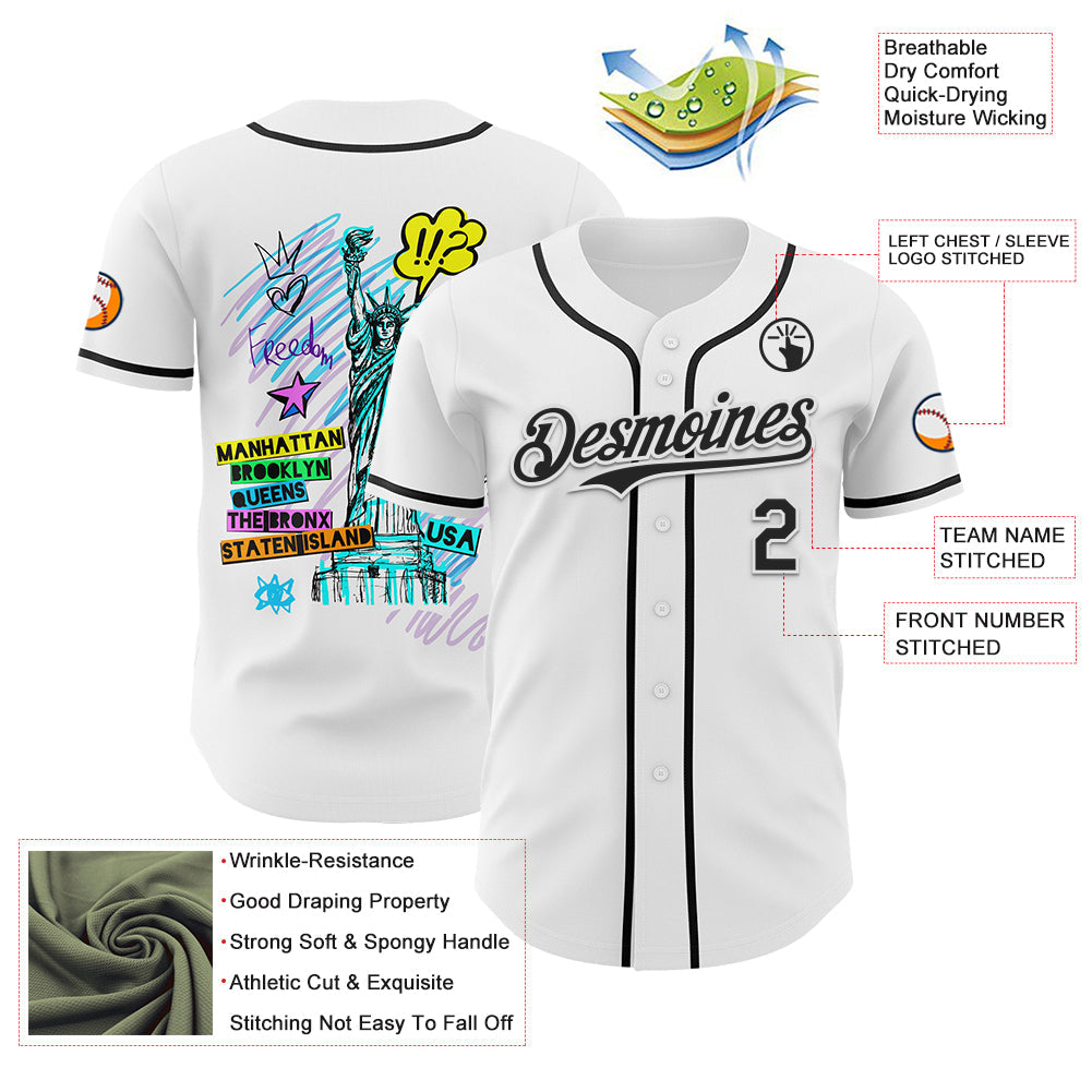 Custom White Black 3D Pattern Design Patriotic American Symbol Statue of Liberty Authentic Baseball Jersey view 3