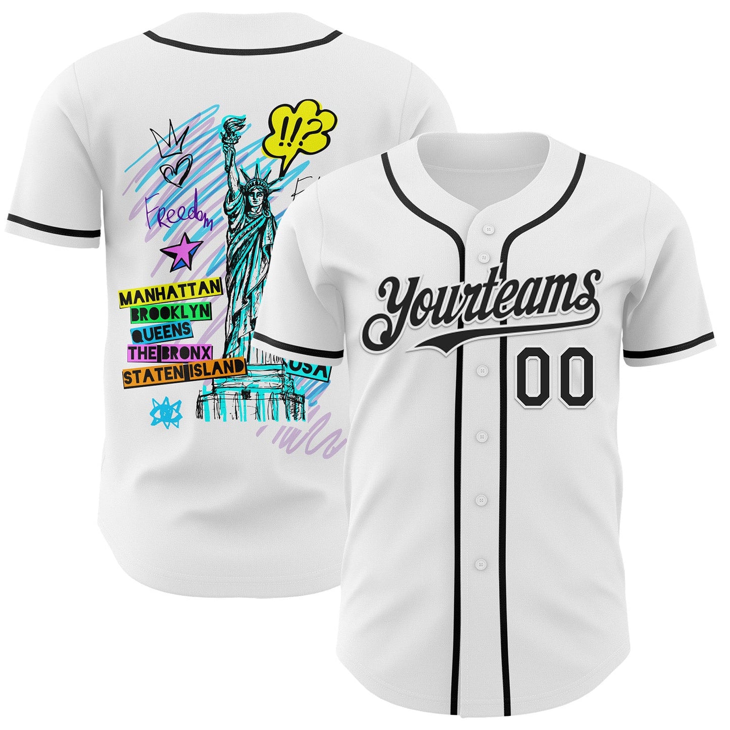 Custom White Black 3D Pattern Design Patriotic American Symbol Statue of Liberty Authentic Baseball Jersey - Main View