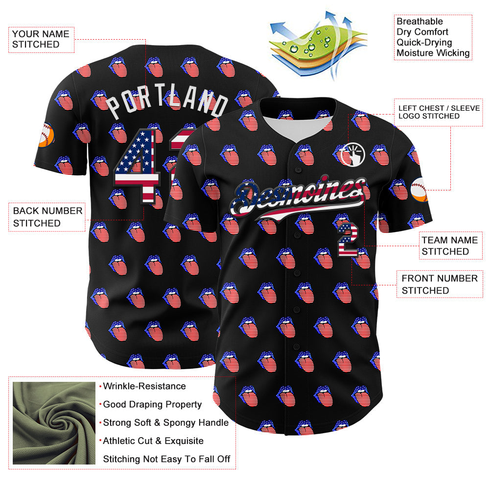 Custom Black USA Flag-White 3D Patriotic American Flag Authentic Baseball Jersey view 3
