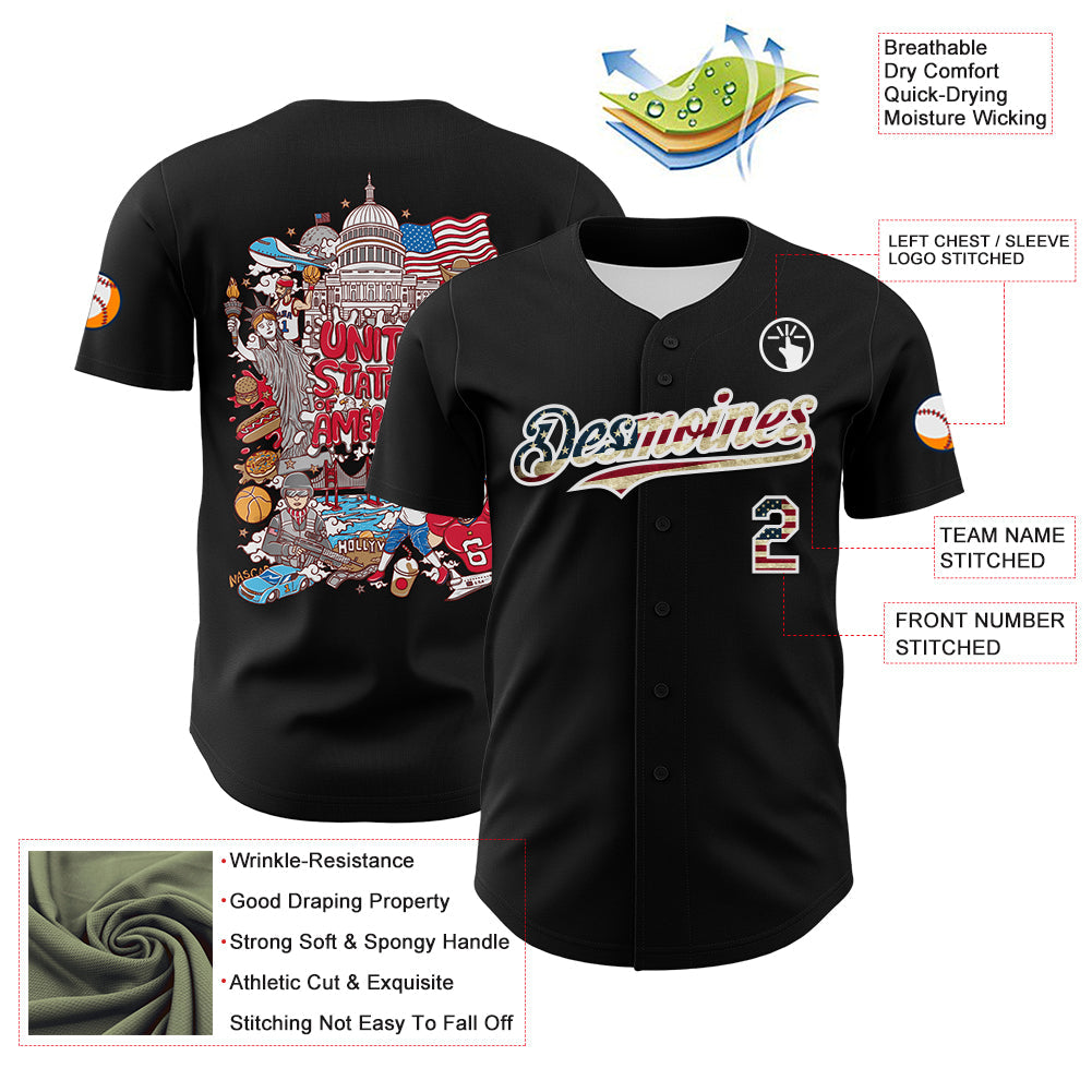 Custom Black Vintage USA Flag-White 3D Patriotic American Symbol Authentic Baseball Jersey view 3