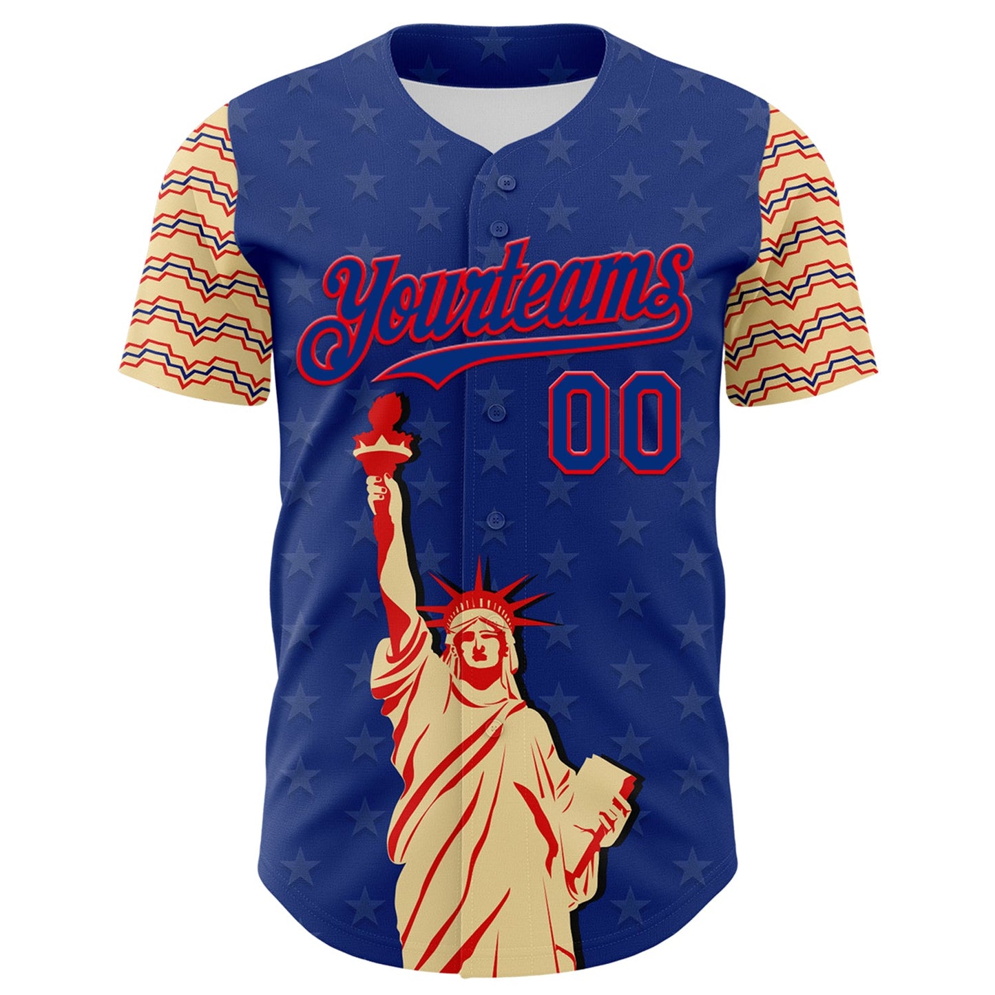 Custom Royal Fire Red-Cream 3D Pattern Design Patriotic American Symbol Statue of Liberty Authentic Baseball Jersey view 2