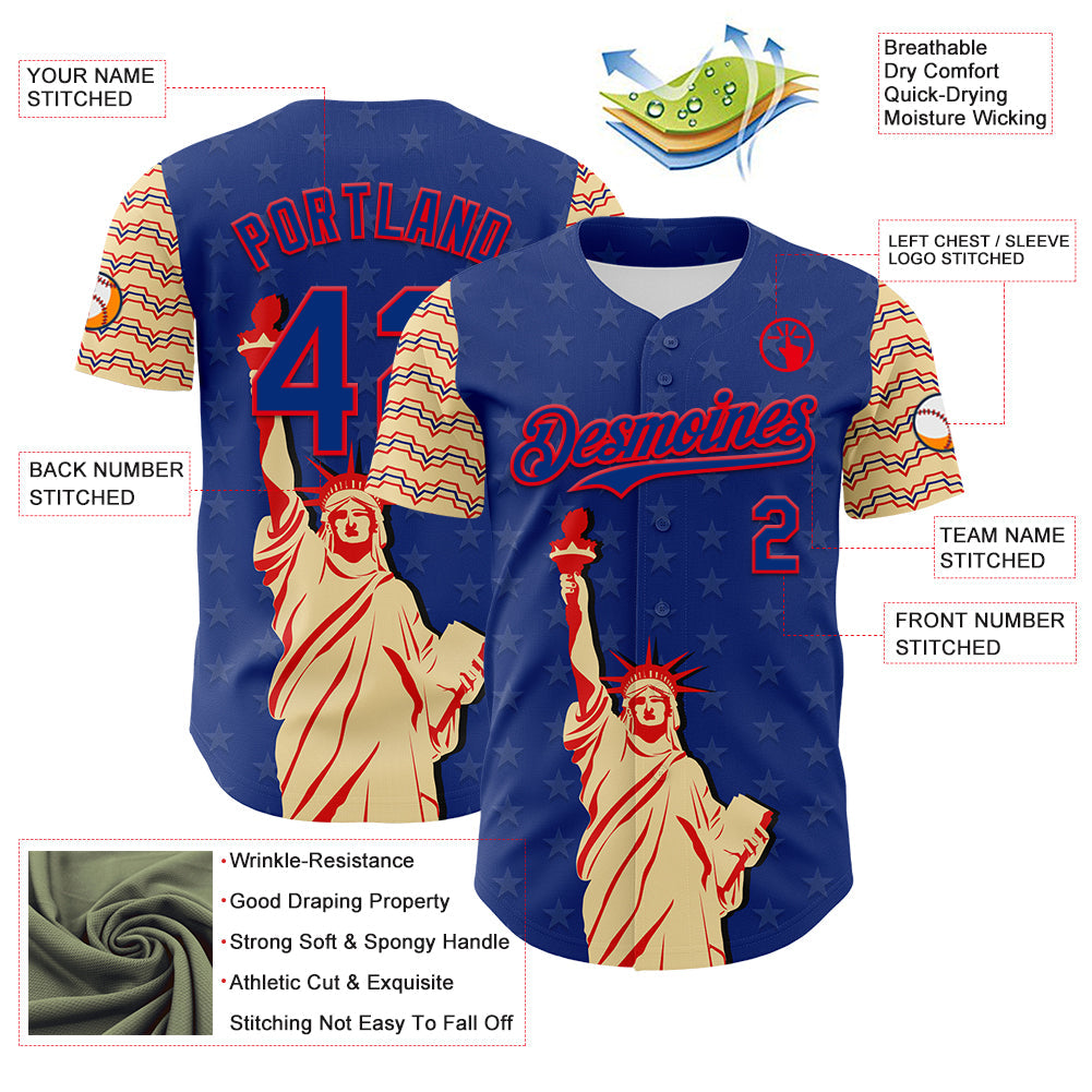 Custom Royal Fire Red-Cream 3D Pattern Design Patriotic American Symbol Statue of Liberty Authentic Baseball Jersey view 3