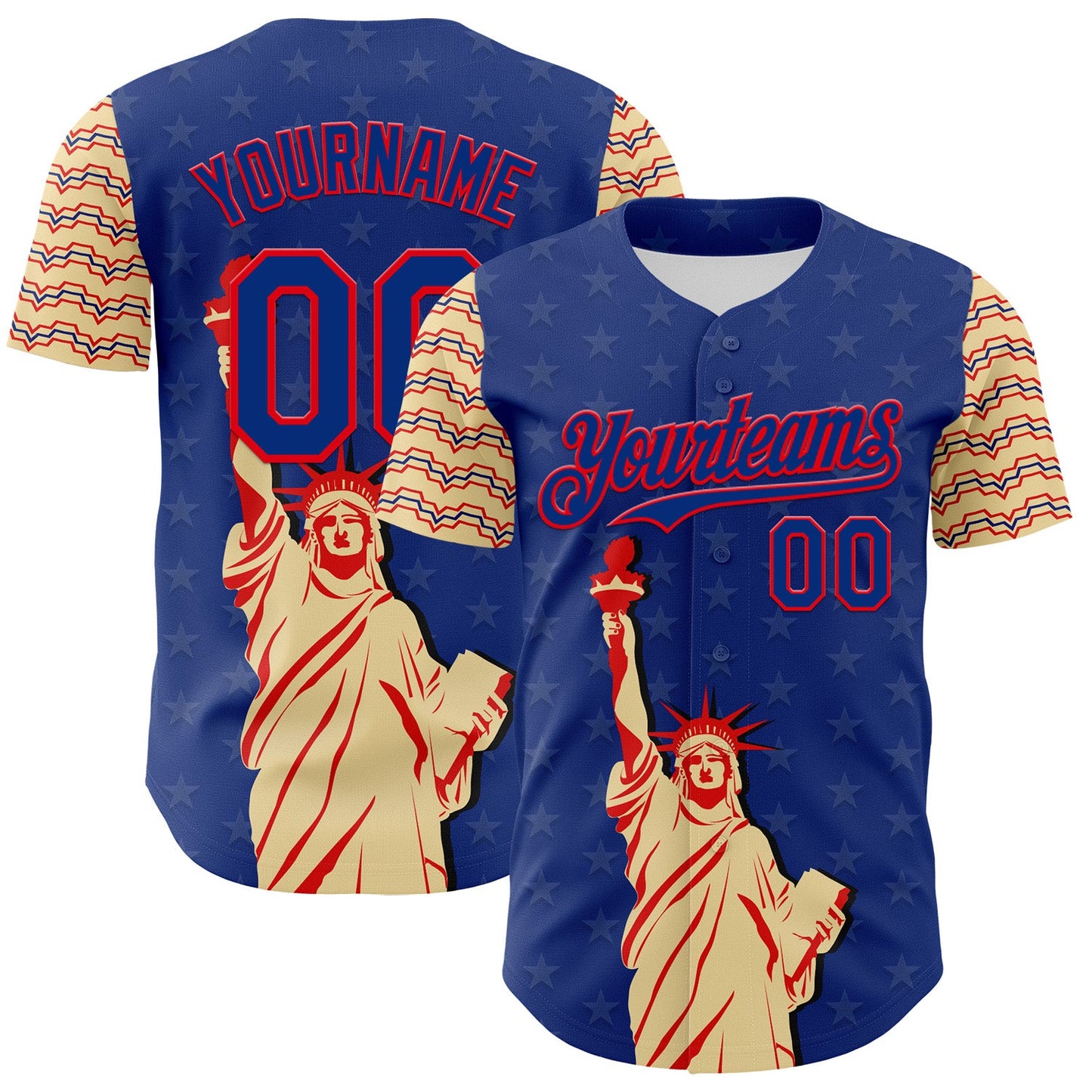 Custom Royal Fire Red-Cream 3D Pattern Design Patriotic American Symbol Statue of Liberty Authentic Baseball Jersey - Main View