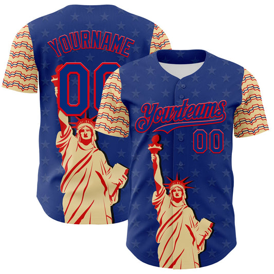Custom Royal Fire Red-Cream 3D Pattern Design Patriotic American Symbol Statue of Liberty Authentic Baseball Jersey - Main View
