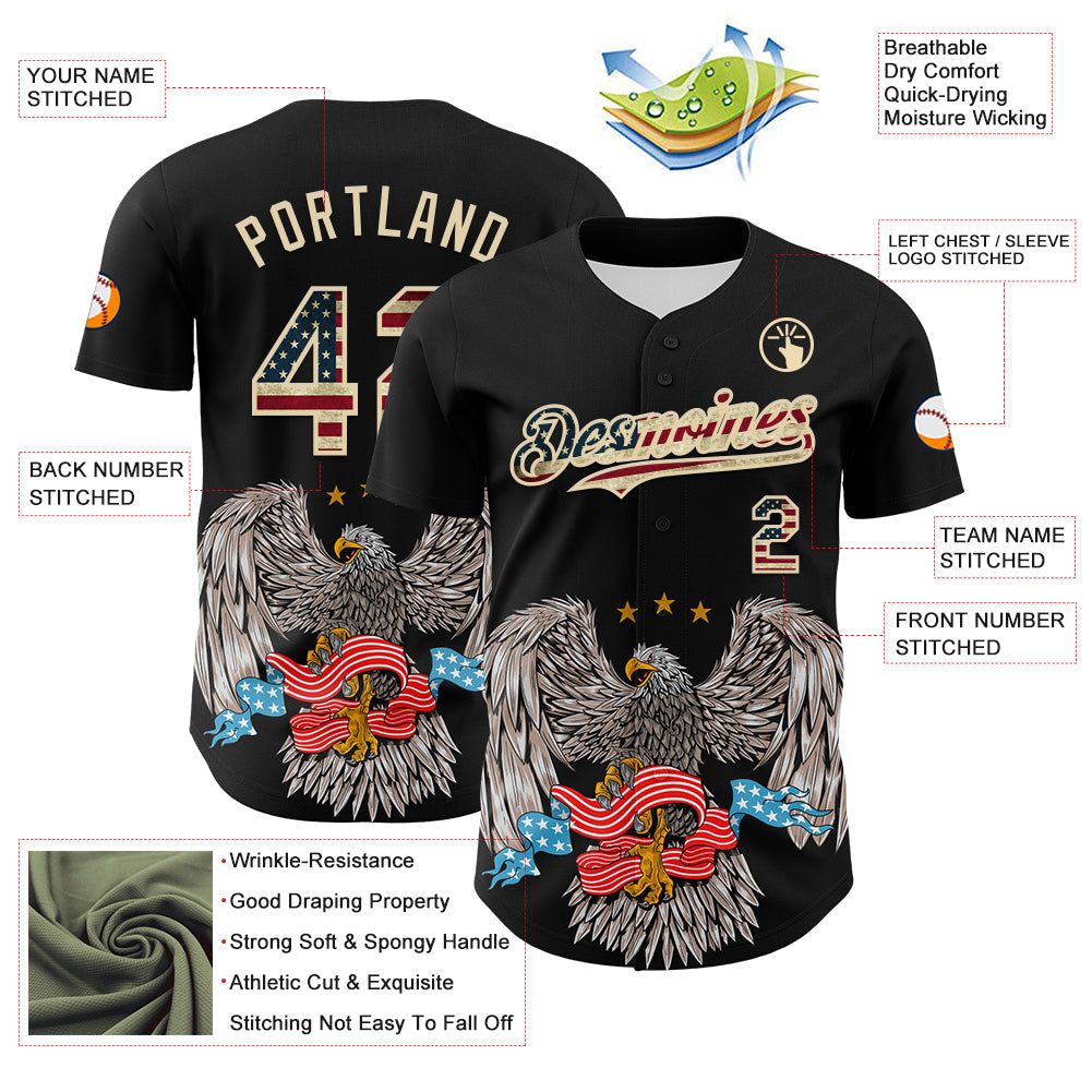Custom Black Vintage USA Flag-Cream 3D Patriotic American Symbol Eagle Authentic Baseball Jersey view 3