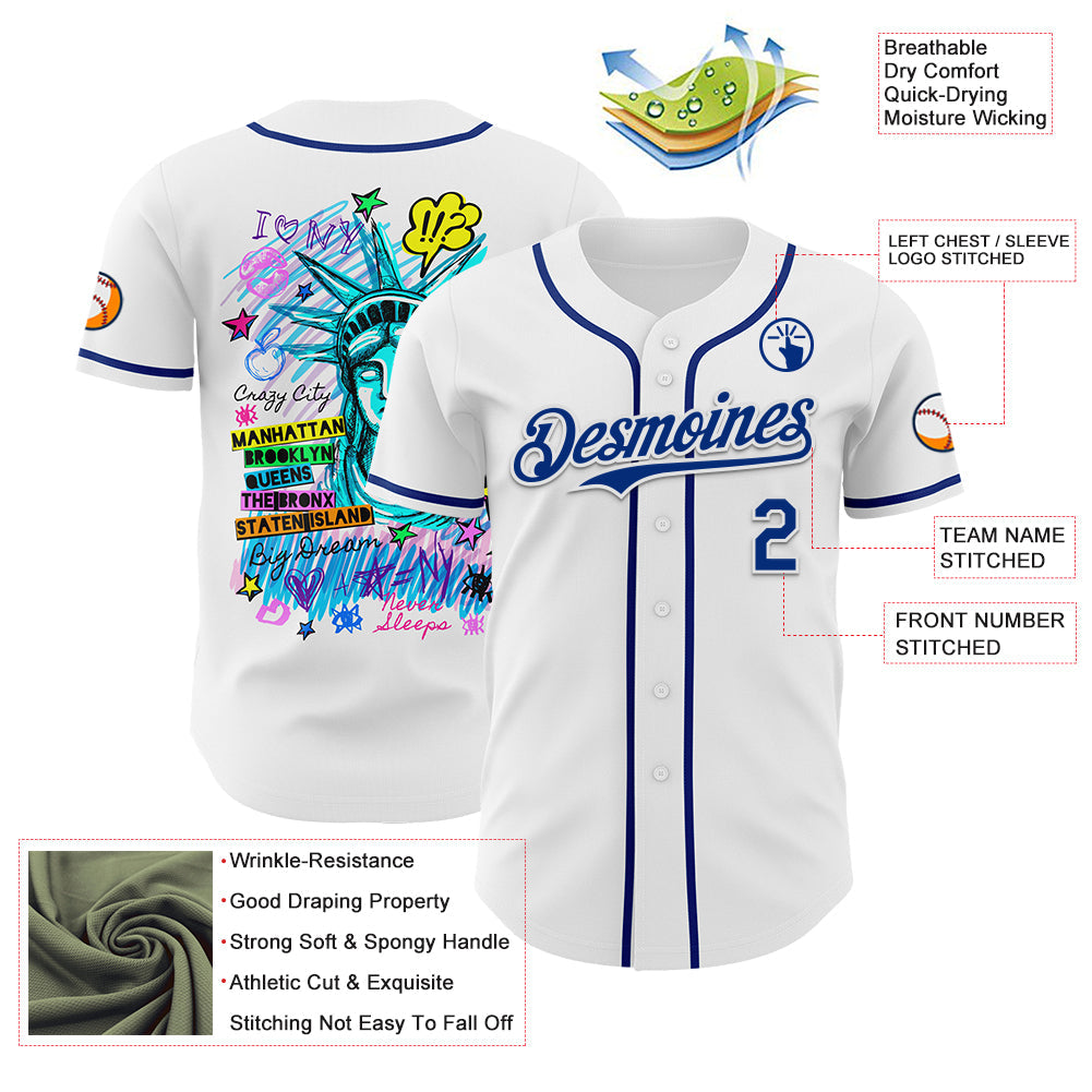 Custom White Royal 3D Pattern Design Patriotic American Symbol Statue of Liberty Authentic Baseball Jersey view 3