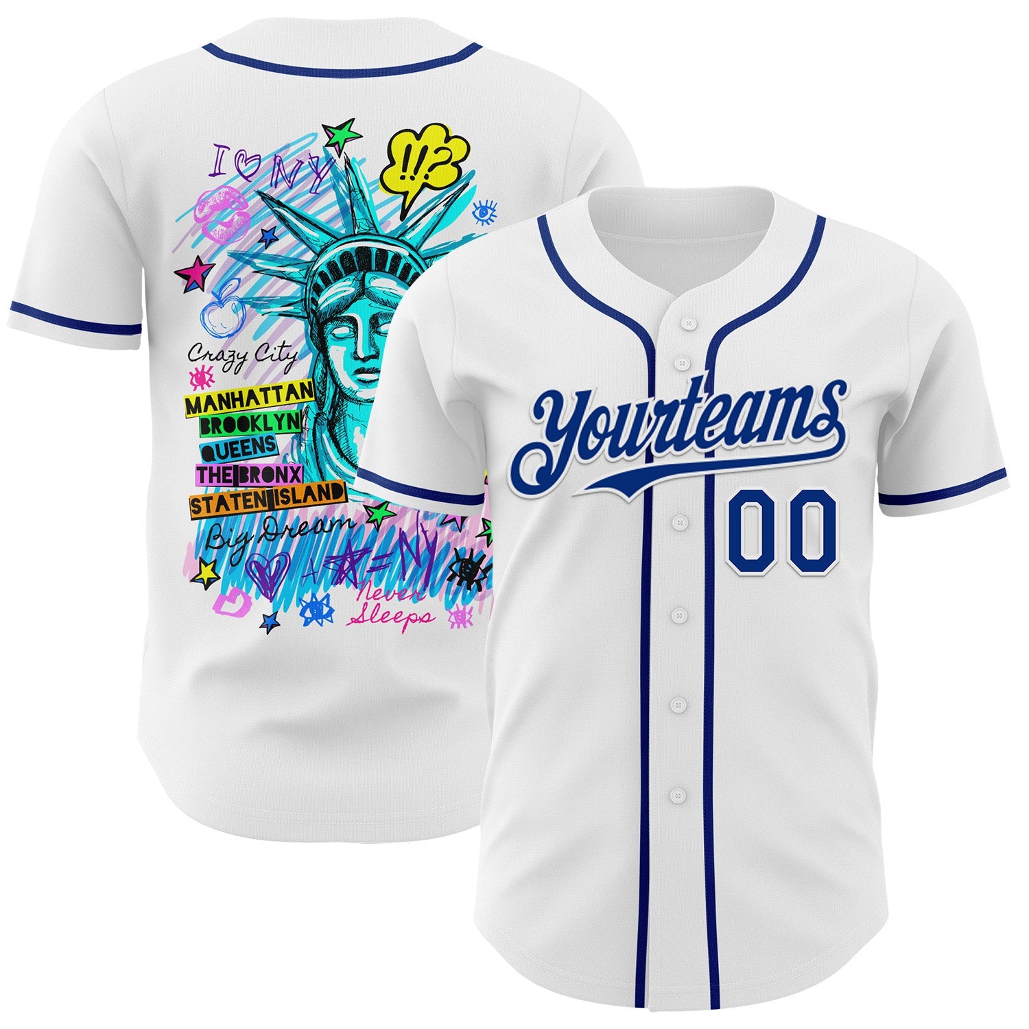Custom White Royal 3D Pattern Design Patriotic American Symbol Statue of Liberty Authentic Baseball Jersey - Main View