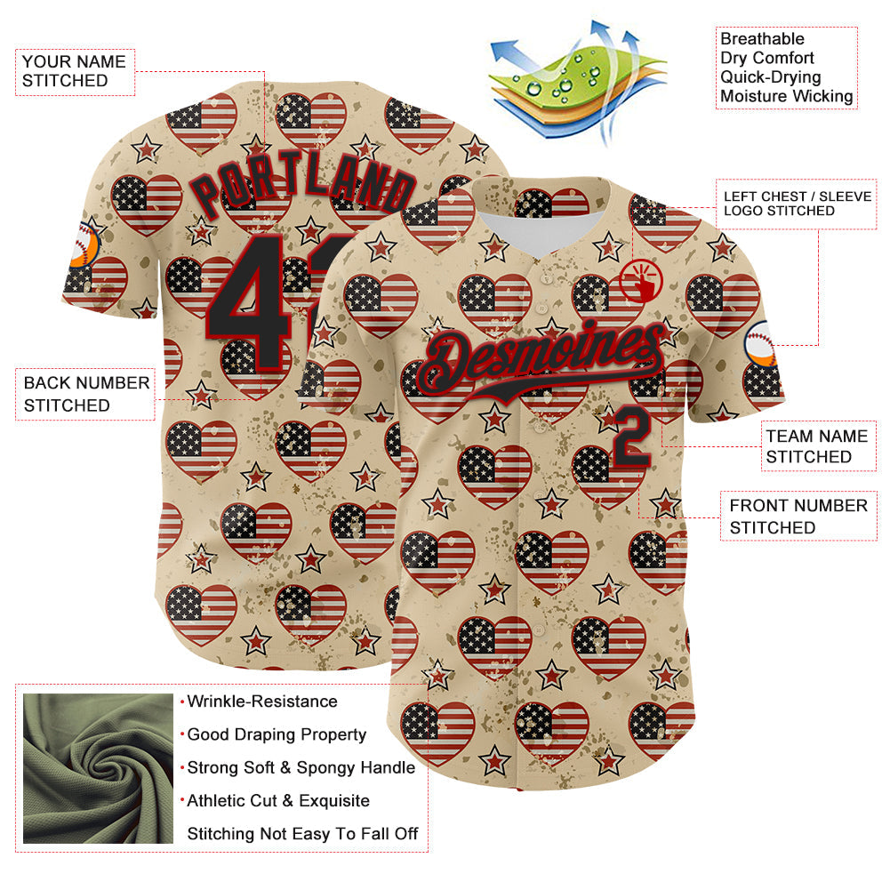Custom City Cream Black-Red 3D Patriotic American Flag Authentic Baseball Jersey view 3