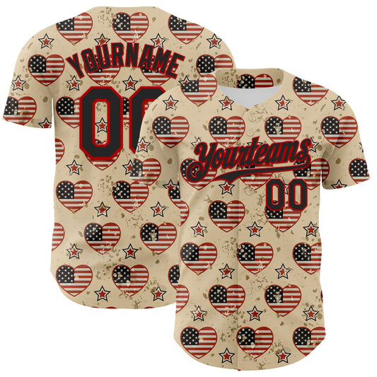 Custom City Cream Black-Red 3D Patriotic American Flag Authentic Baseball Jersey - Main View