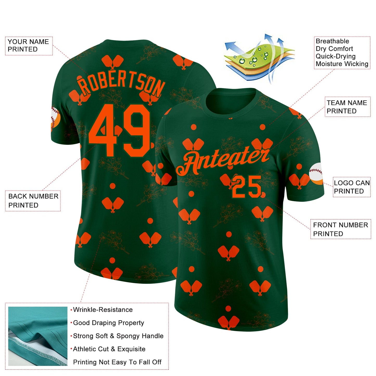 Custom Green Orange 3D Pickleball Paddles Balls Floral Performance T-Shirt view 2