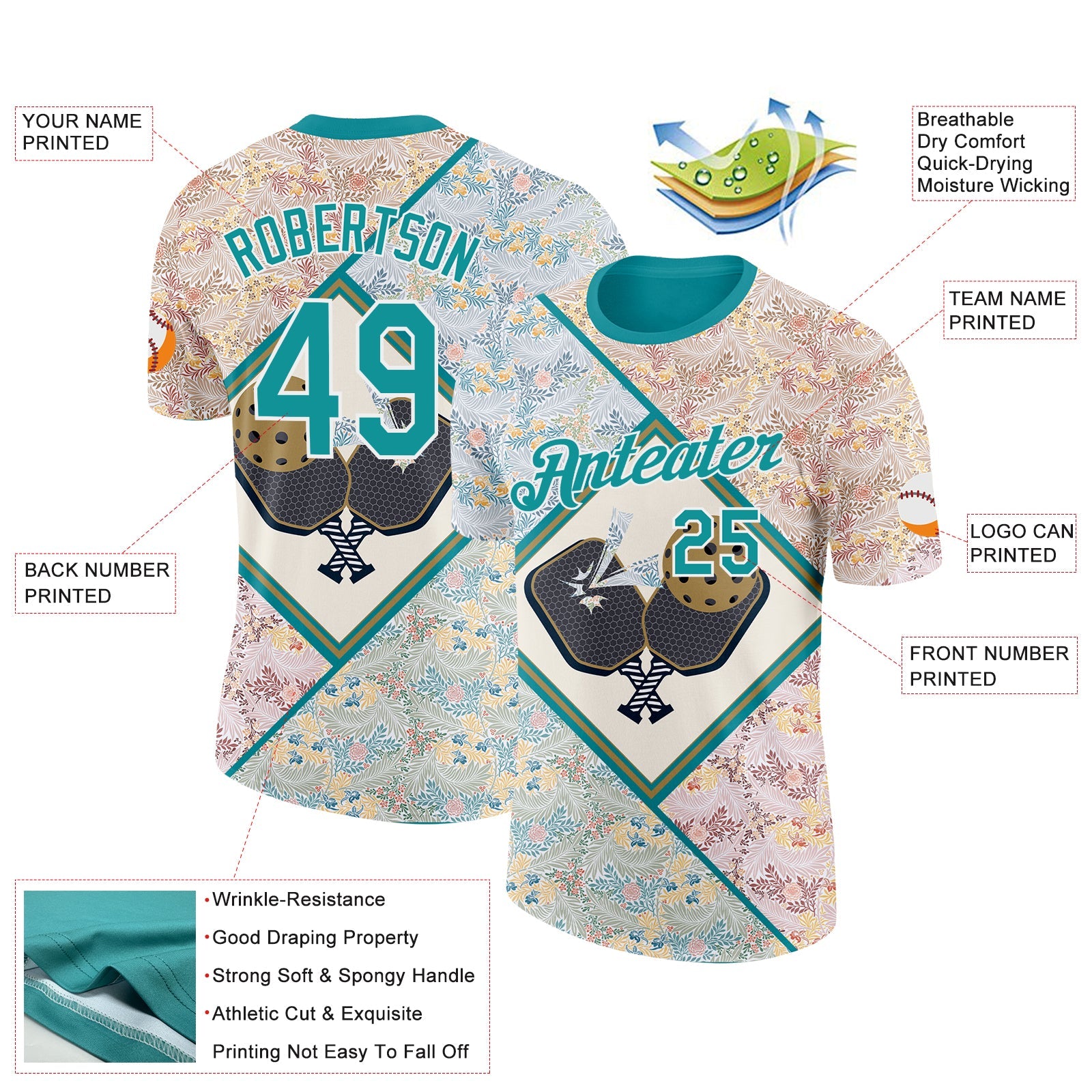 Custom Cream Teal-White 3D Pickleball Paddles Balls Floral Performance T-Shirt view 2