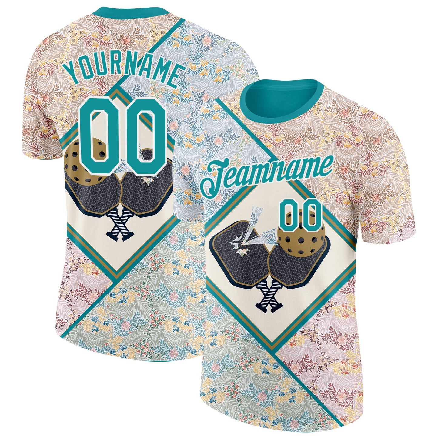 Custom Cream Teal-White 3D Pickleball Paddles Balls Floral Performance T-Shirt - Main View