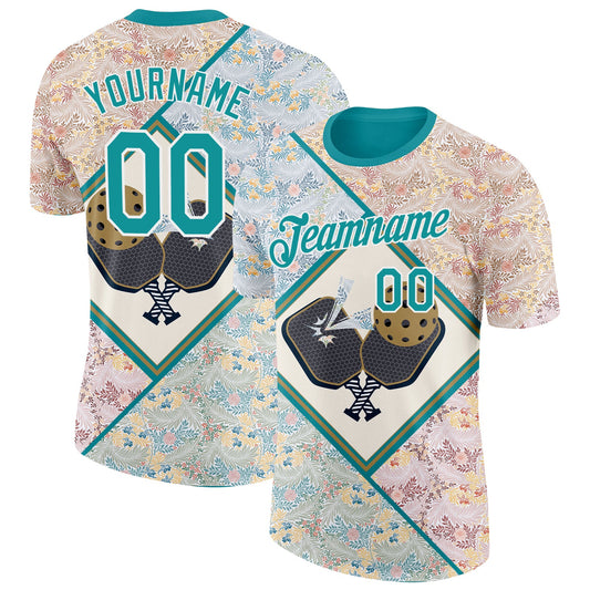 Custom Cream Teal-White 3D Pickleball Paddles Balls Floral Performance T-Shirt - Main View
