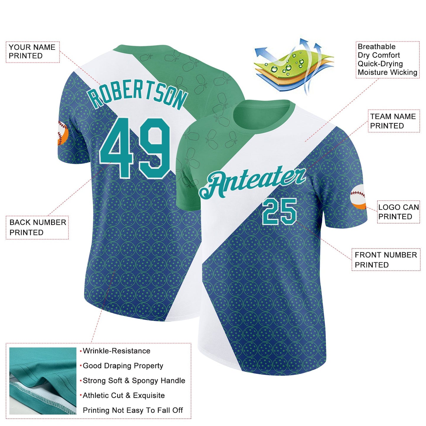 Custom Green Teal Blue-White 3D Pickleball Paddles Balls Performance T-Shirt view 2