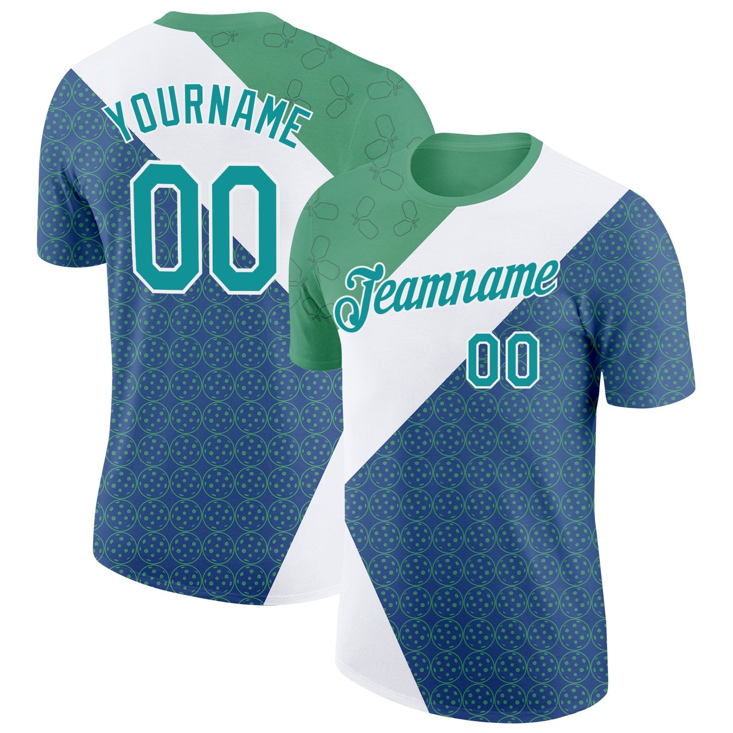 Custom Green Teal Blue-White 3D Pickleball Paddles Balls Performance T-Shirt - Main View