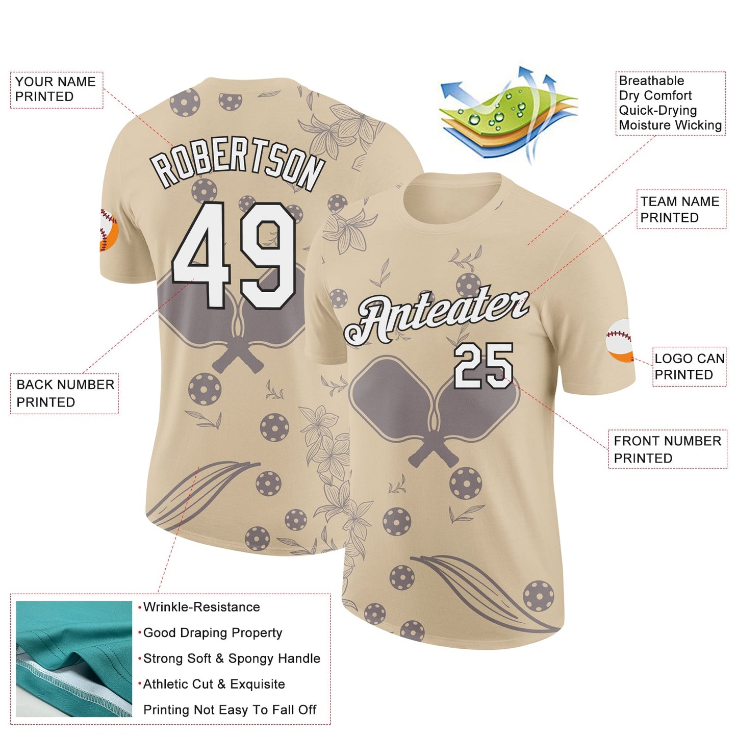 Custom City Cream White-Black 3D Pickleball Paddles Balls Floral Performance T-Shirt view 2