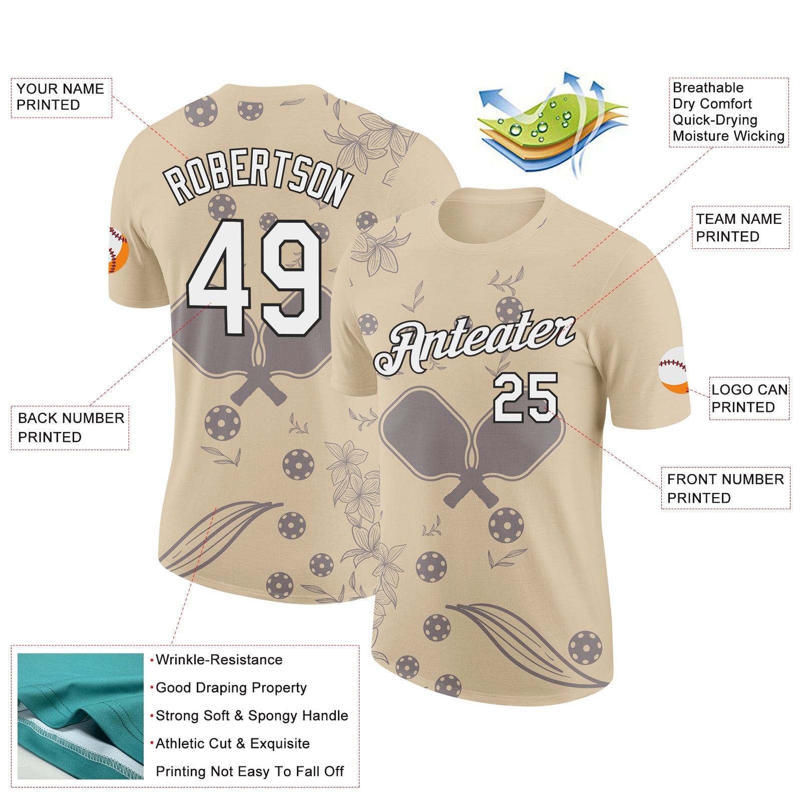Custom City Cream White-Black 3D Pickleball Paddles Balls Floral Performance T-Shirt view 2