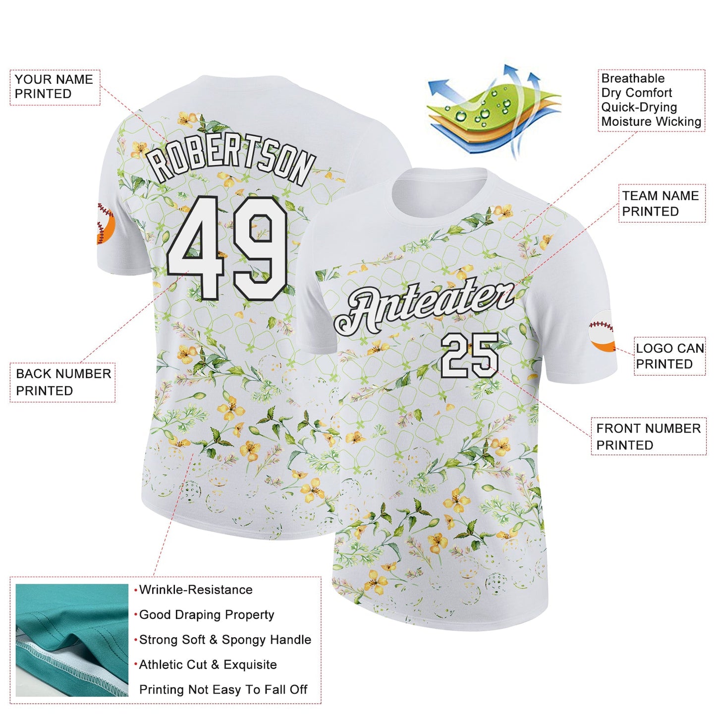 Custom White Black 3D Pickleball Paddles Balls Floral Performance T-Shirt view 2