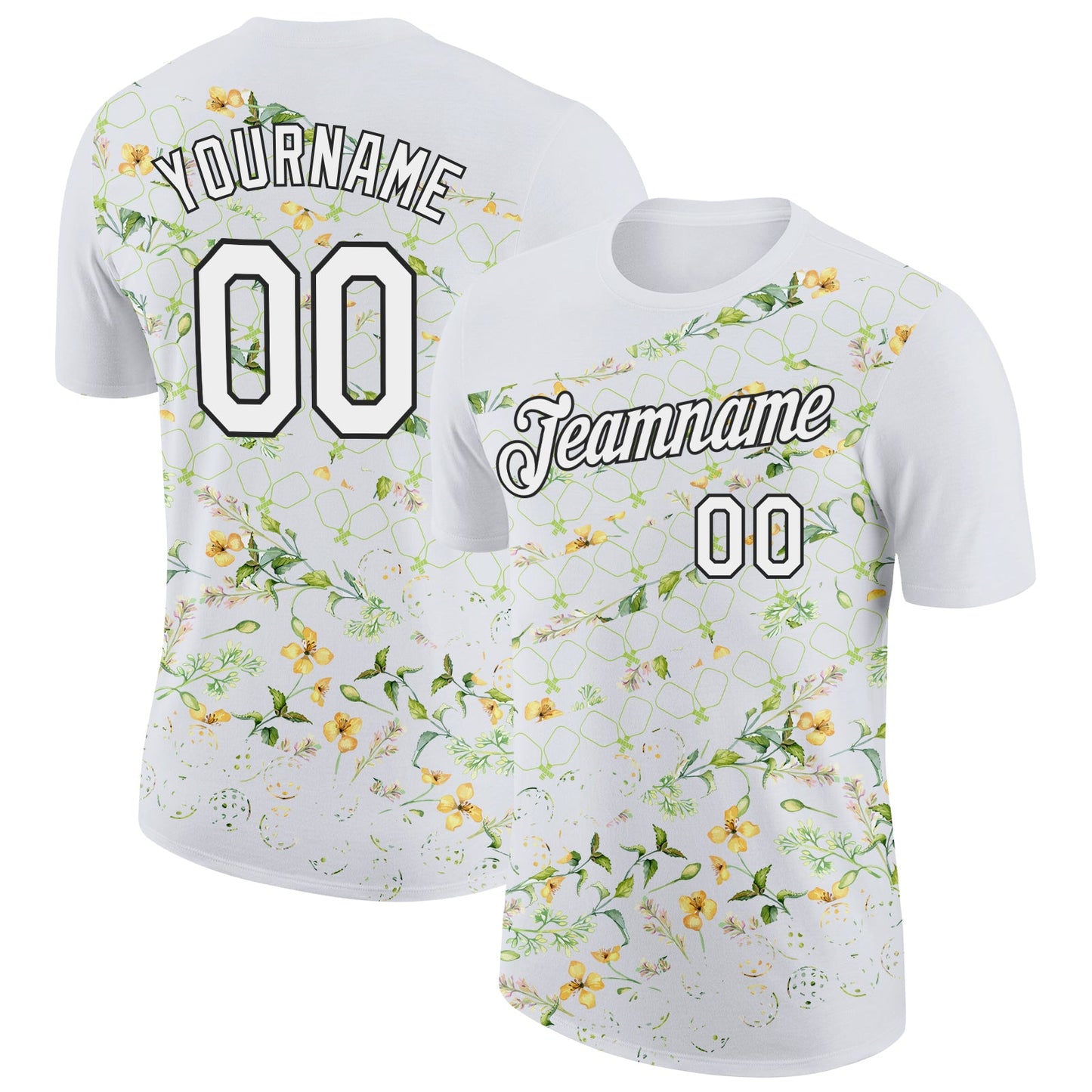 Custom White Black 3D Pickleball Paddles Balls Floral Performance T-Shirt - Main View
