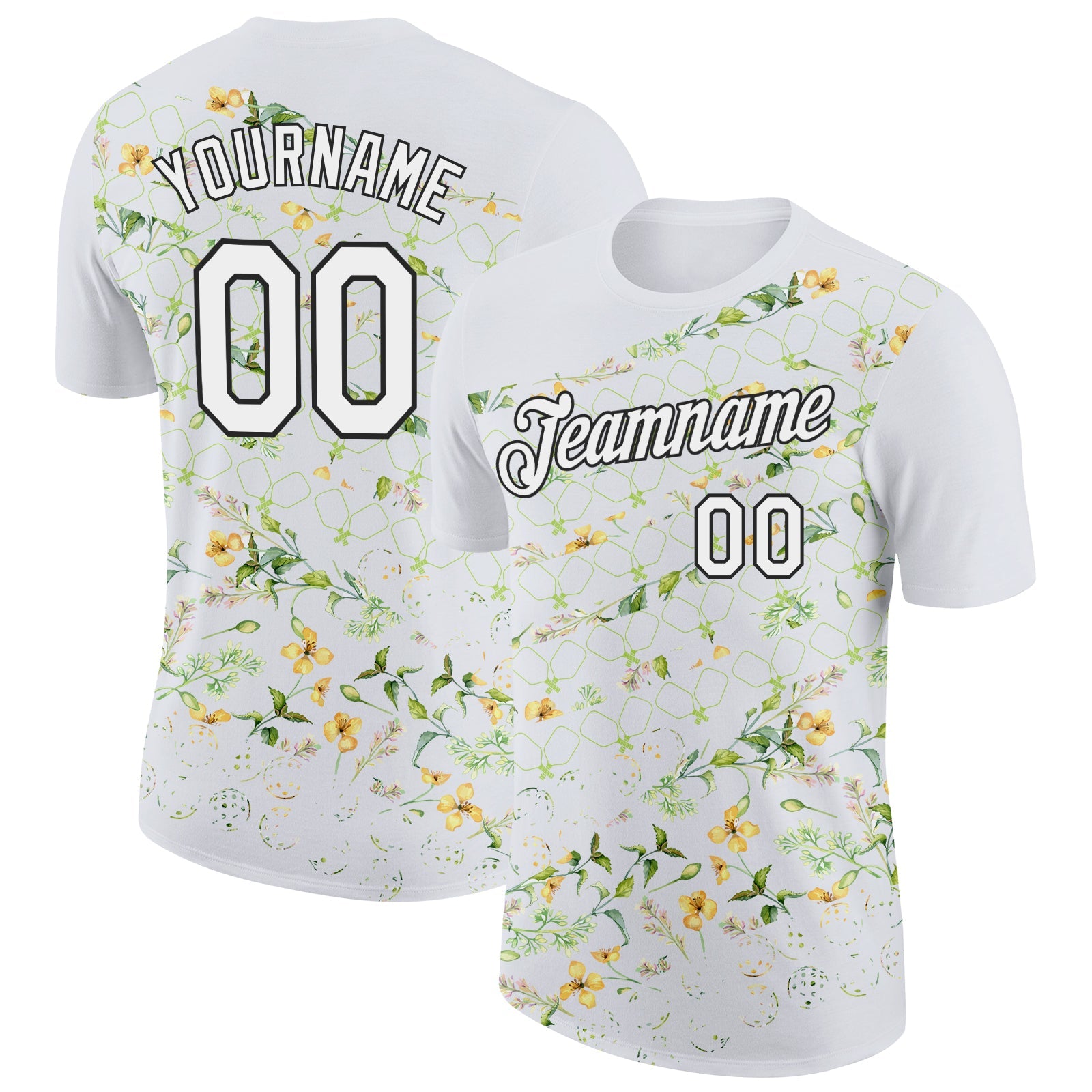 Custom White Black 3D Pickleball Paddles Balls Floral Performance T-Shirt - Main View