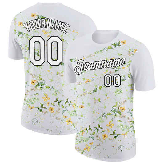 Custom White Black 3D Pickleball Paddles Balls Floral Performance T-Shirt - Main View
