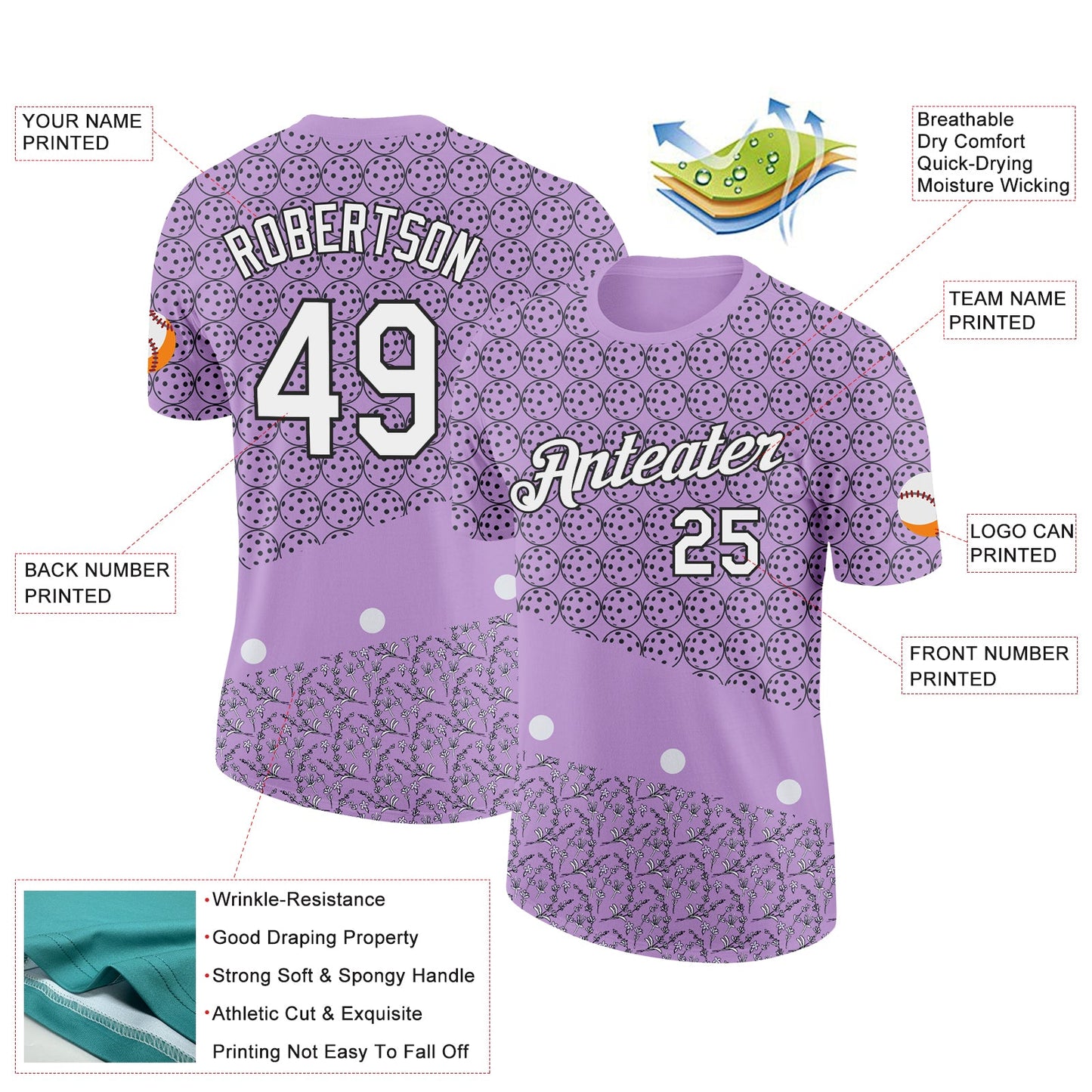 Custom Light Purple White-Black 3D Pickleball Balls Floral Performance T-Shirt view 2
