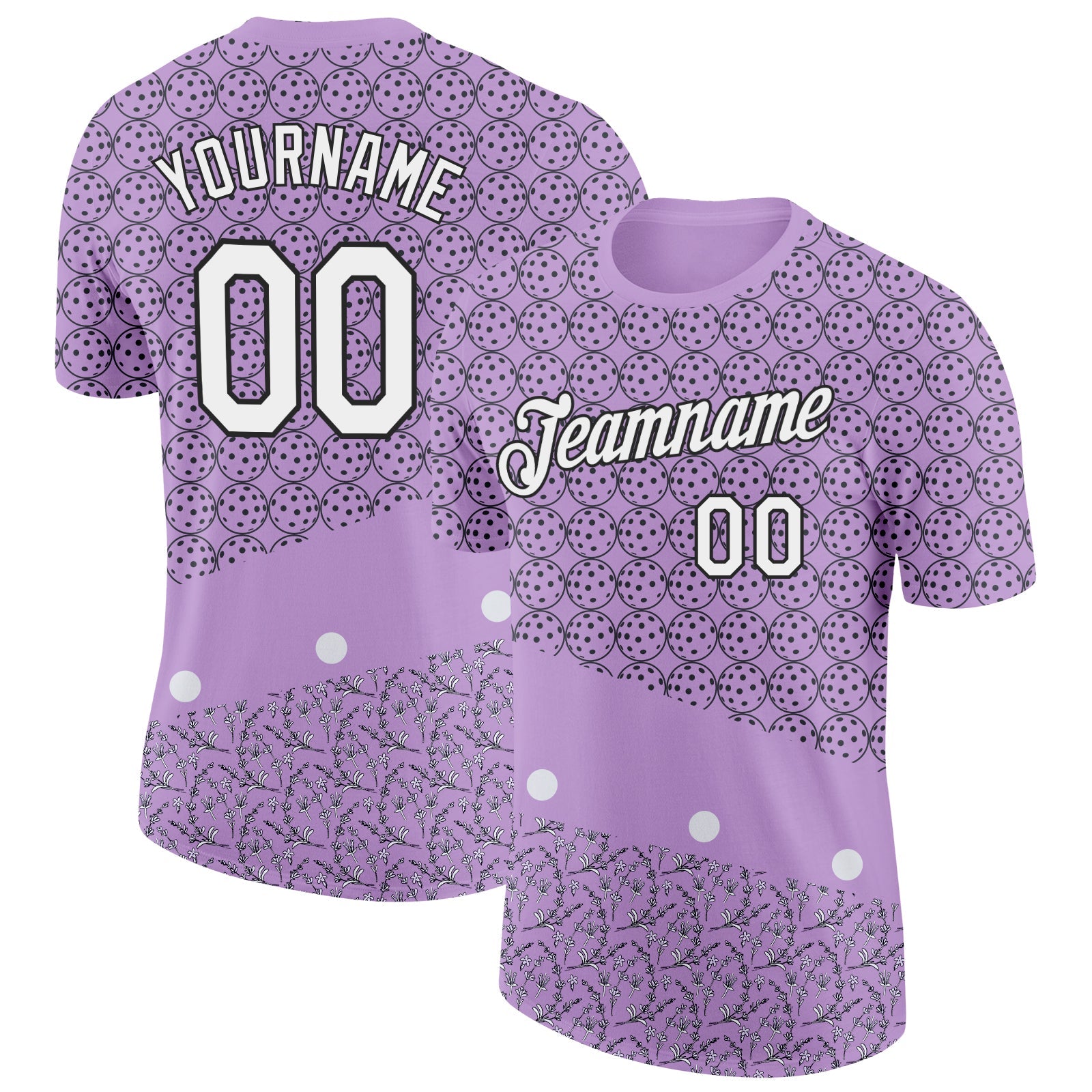 Custom Light Purple White-Black 3D Pickleball Balls Floral Performance T-Shirt - Main View