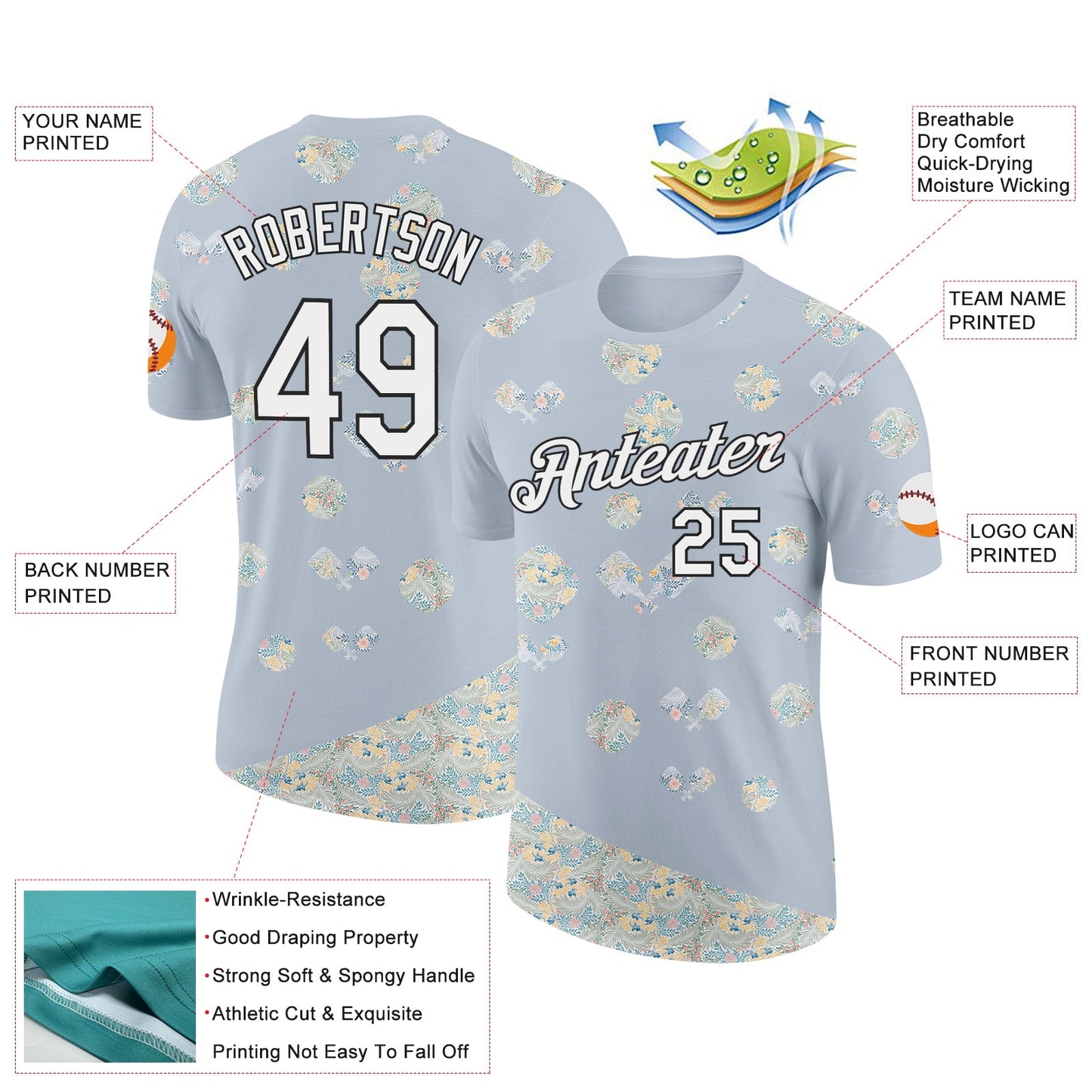 Custom Silver White-Black 3D Pickleball Paddles Balls Floral Performance T-Shirt view 2